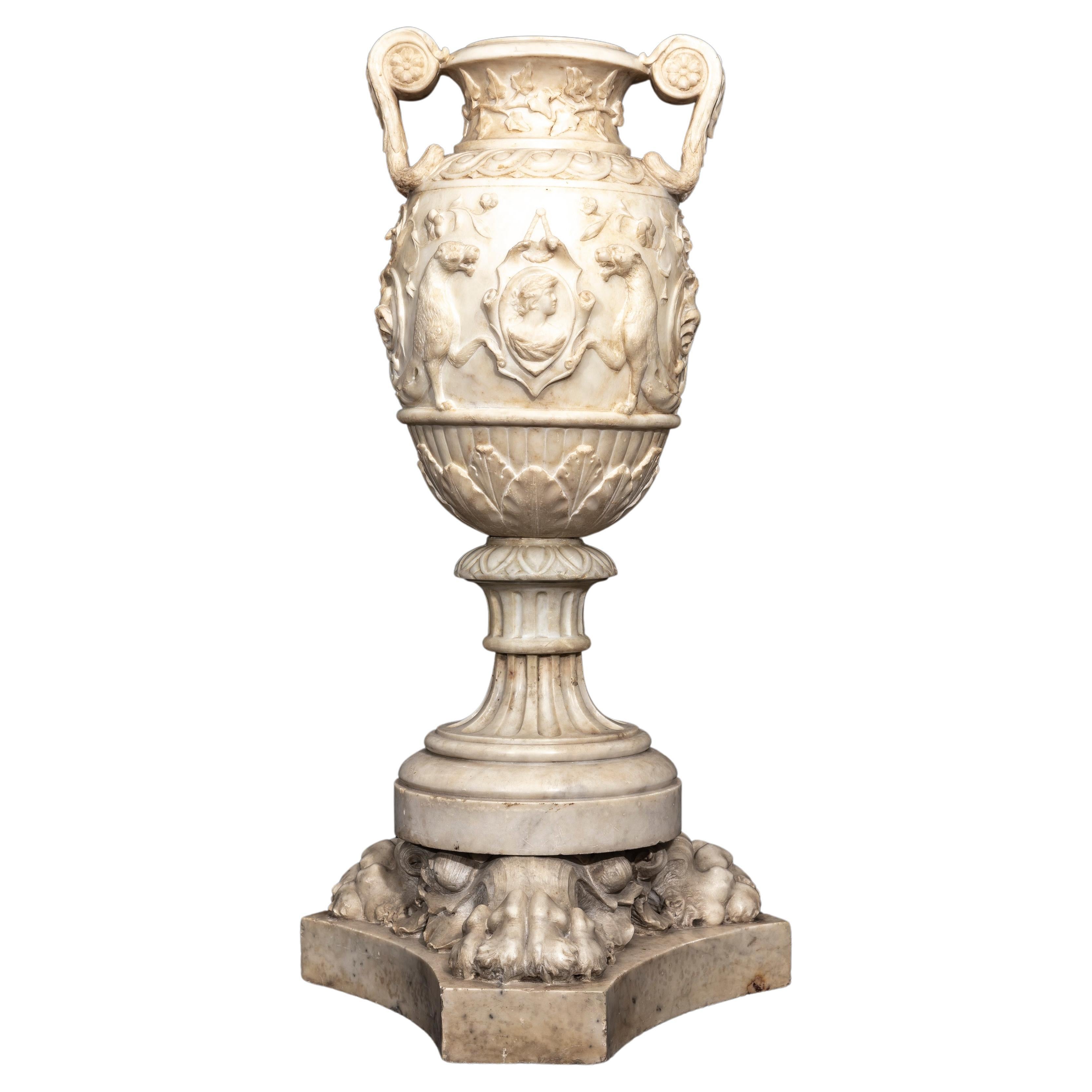 19th C. Italian Grand Tour Carrara Marble Double-Handled Urn on Lion's Paw Base