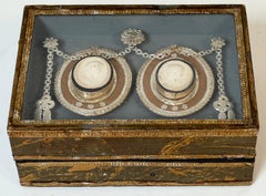 19th C. Italian Grand Tour Intaglio Plaster Medallion & Gilt Marbled Leather Box