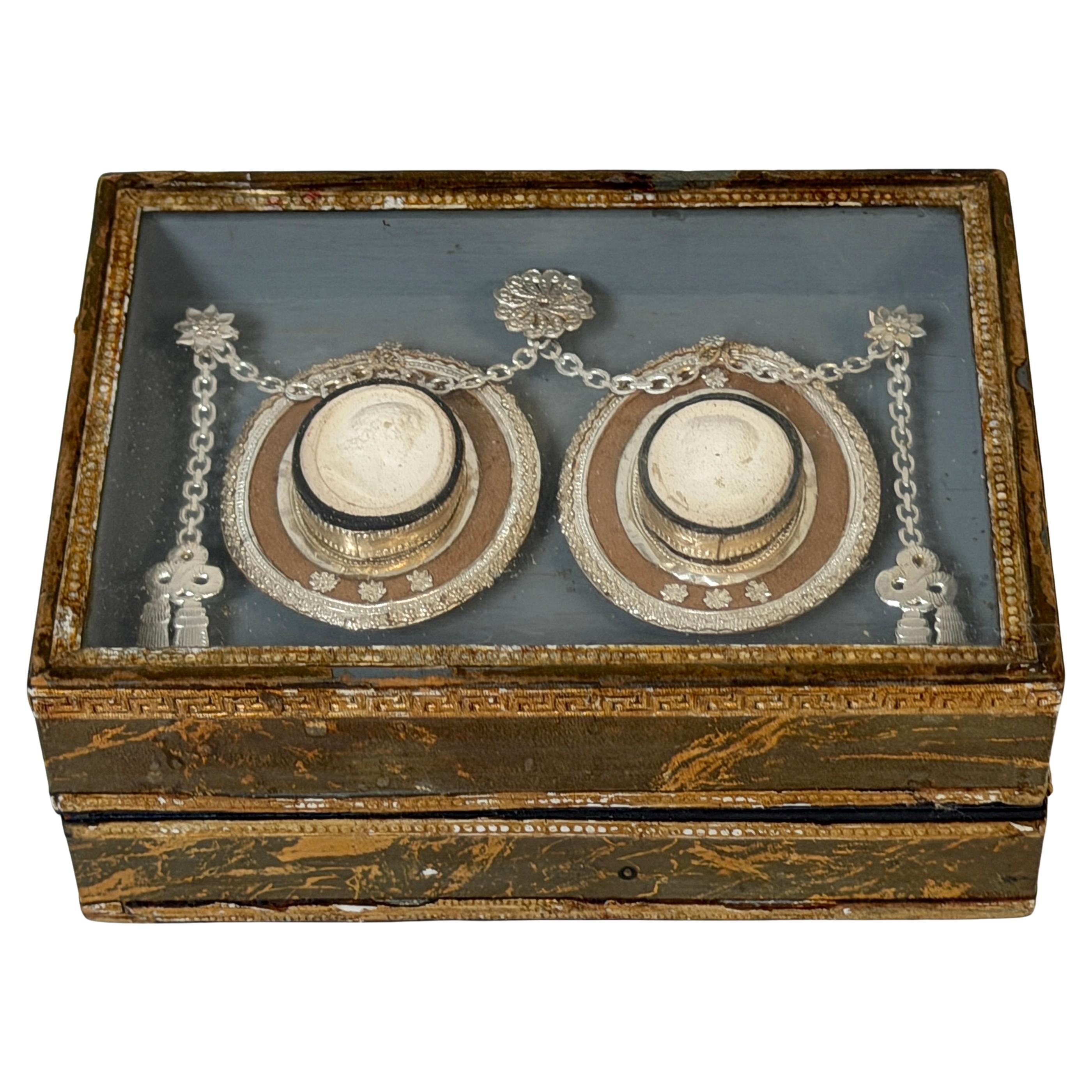 19th C. Italian Grand Tour Intaglio Plaster Medallion & Gilt Marbled Leather Box