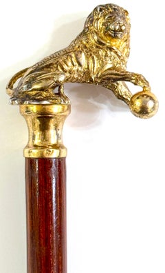 19th C. Italian Hallmarked Silver Gilt 3-Dimensional Medici Lion & Orb Cane