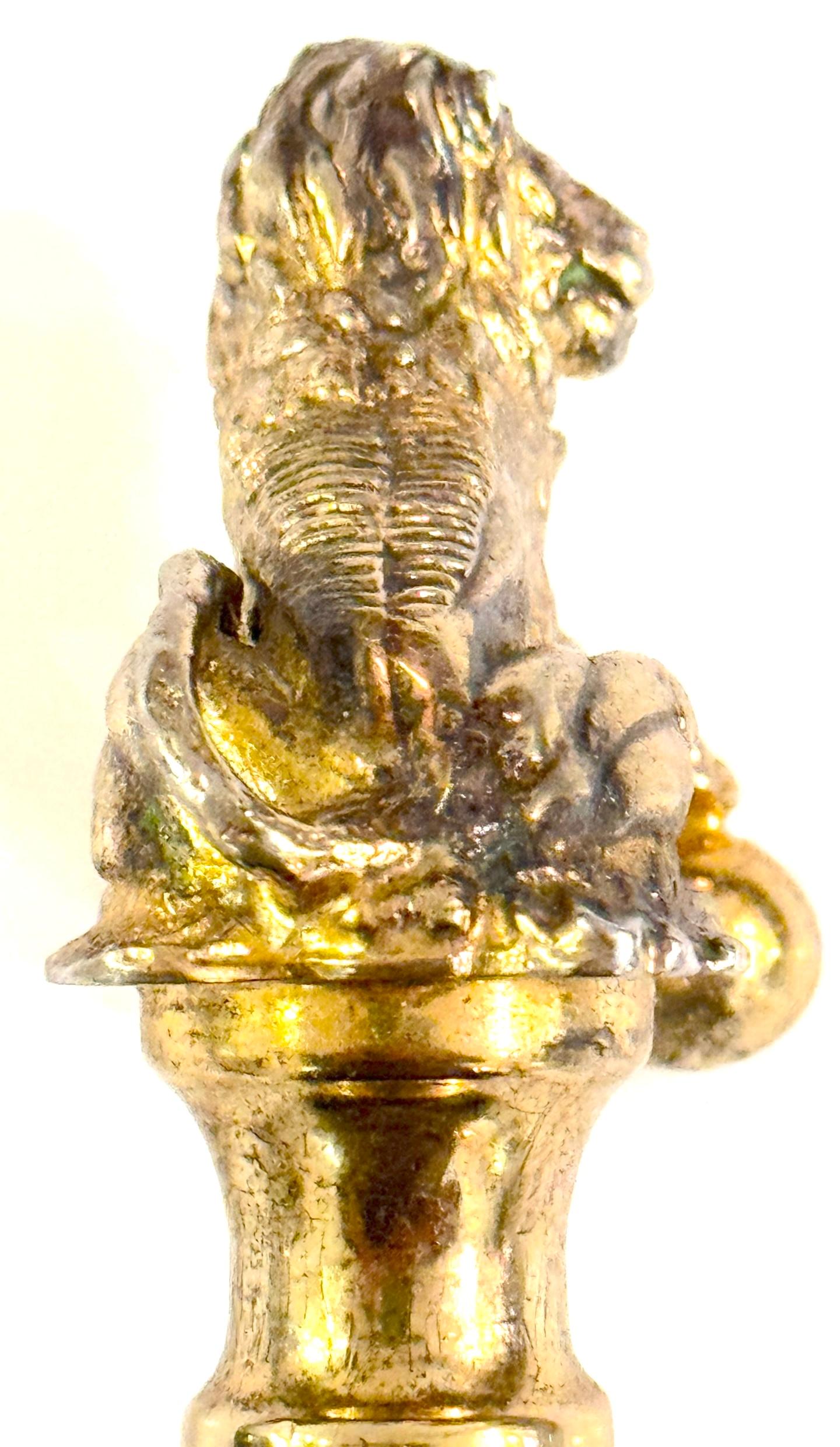 A.C. Silver. Silver Gilt 3-Dimensional Medici Lion & Orb Cane en vente 1