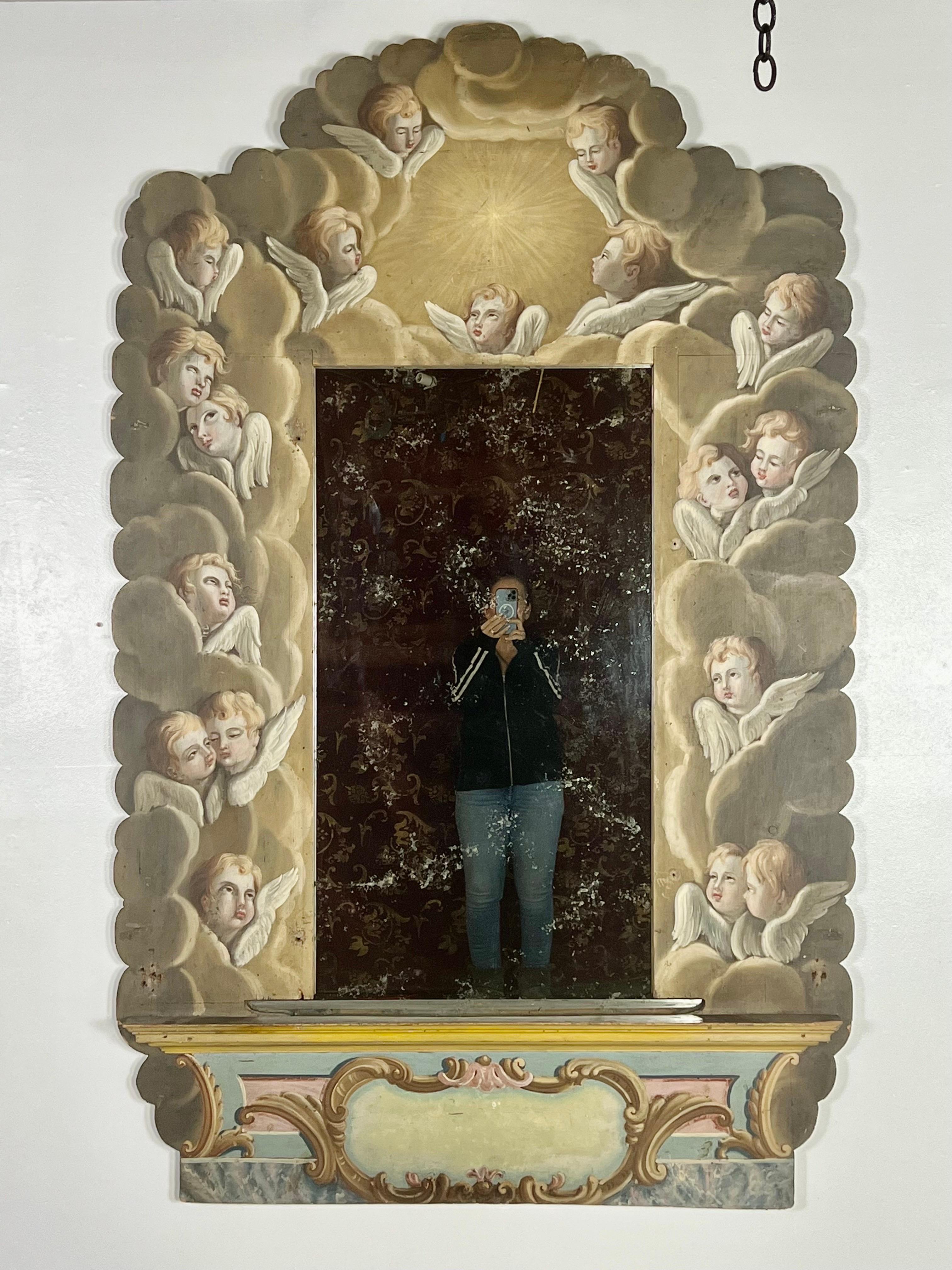 Hand-Painted 19th Century Italian Hand Painted Mirror with Winged Angels For Sale