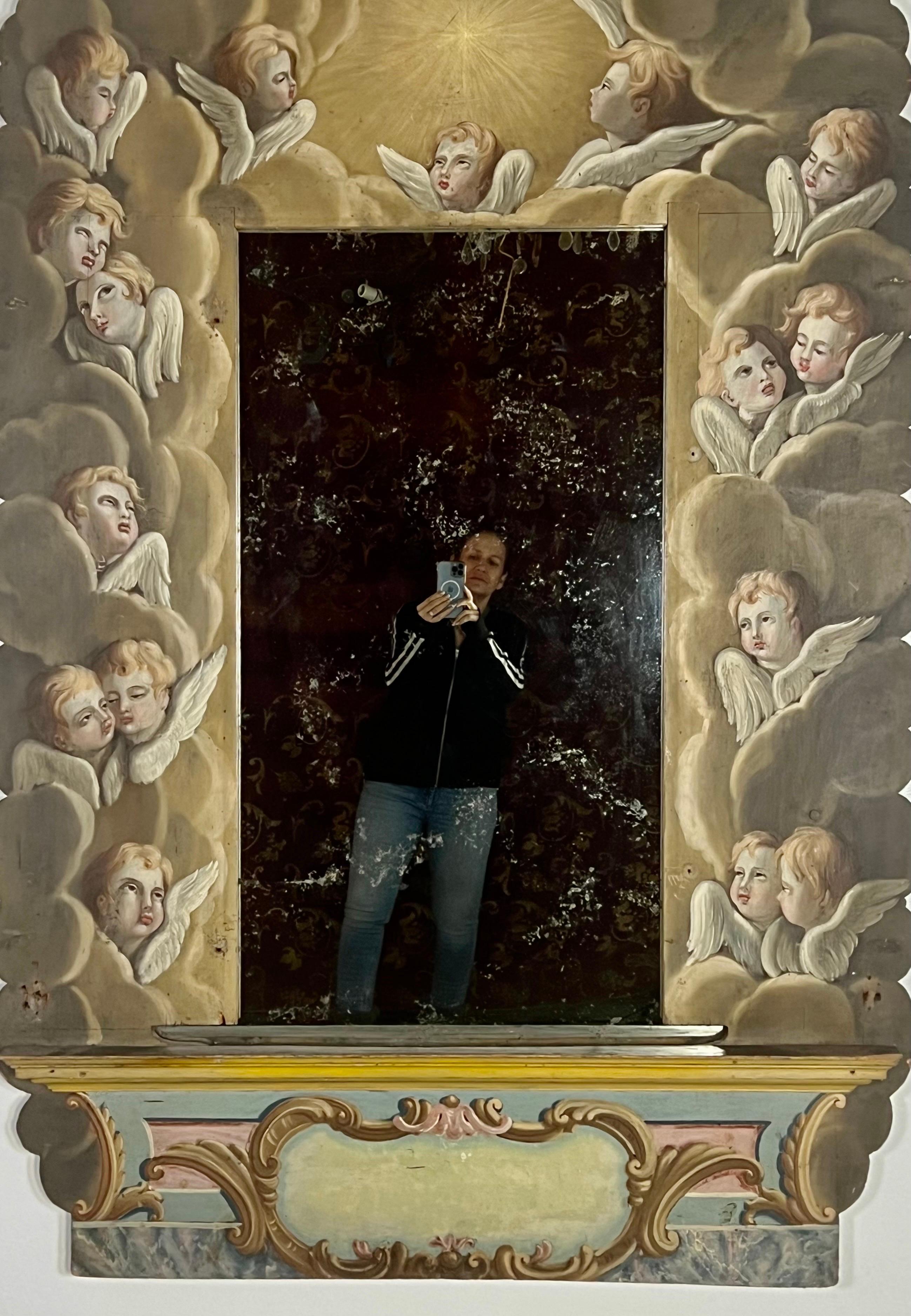 19th Century Italian Hand Painted Mirror with Winged Angels In Distressed Condition For Sale In Los Angeles, CA