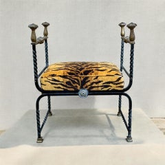 Siglo XIX Banco / Otomana de Campaña Savonarola de Hierro y Bronce Italiano Terciopelo Tigre