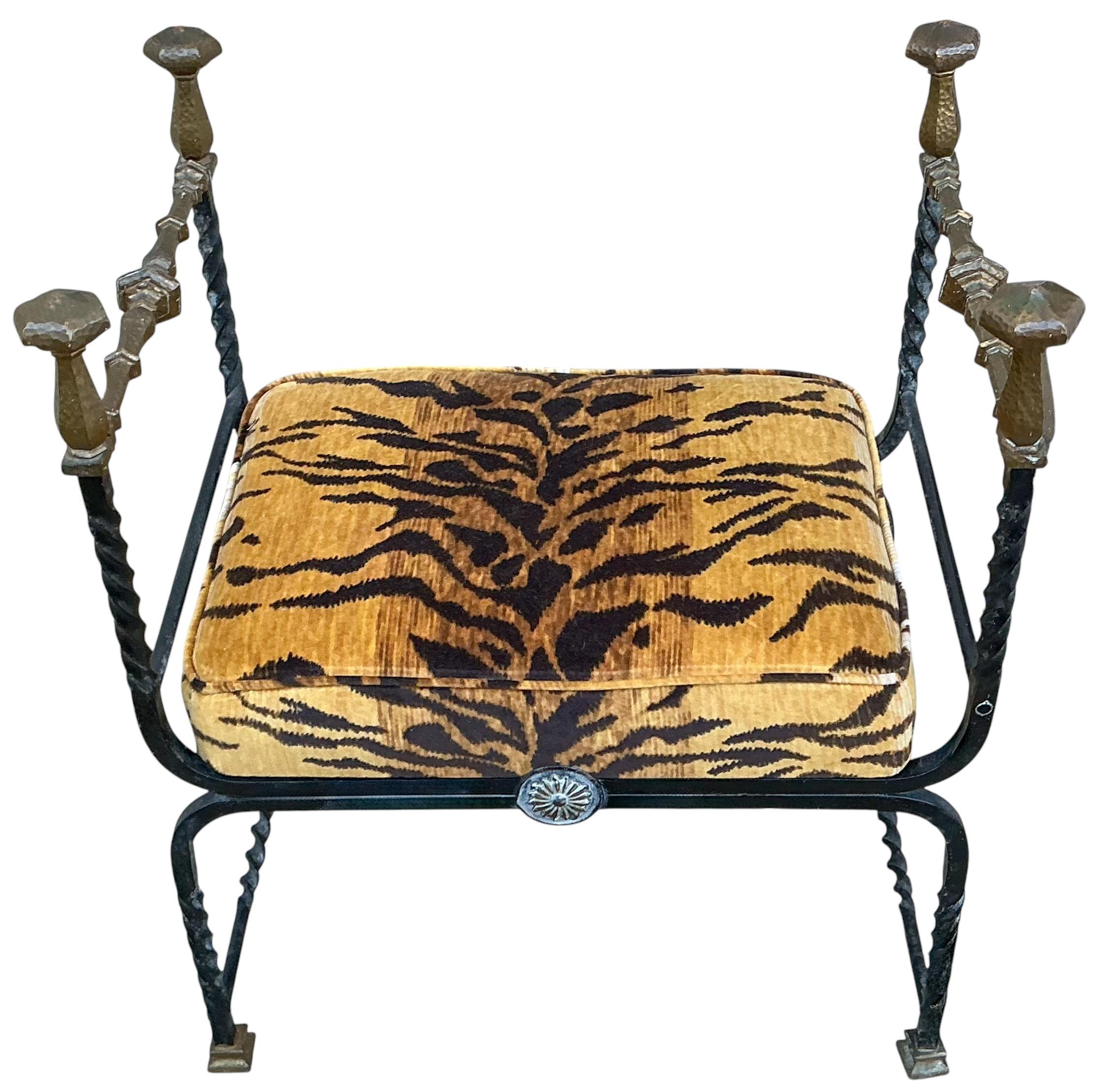 19th-C. Italian Iron & Bronze Savonarola Campaign Bench / Ottoman Tiger Velvet In Good Condition In Kennesaw, GA