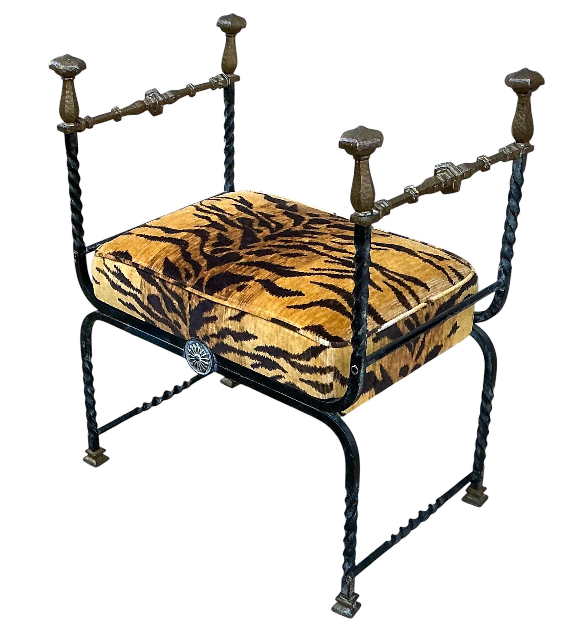 19th Century 19th-C. Italian Iron & Bronze Savonarola Campaign Bench / Ottoman Tiger Velvet
