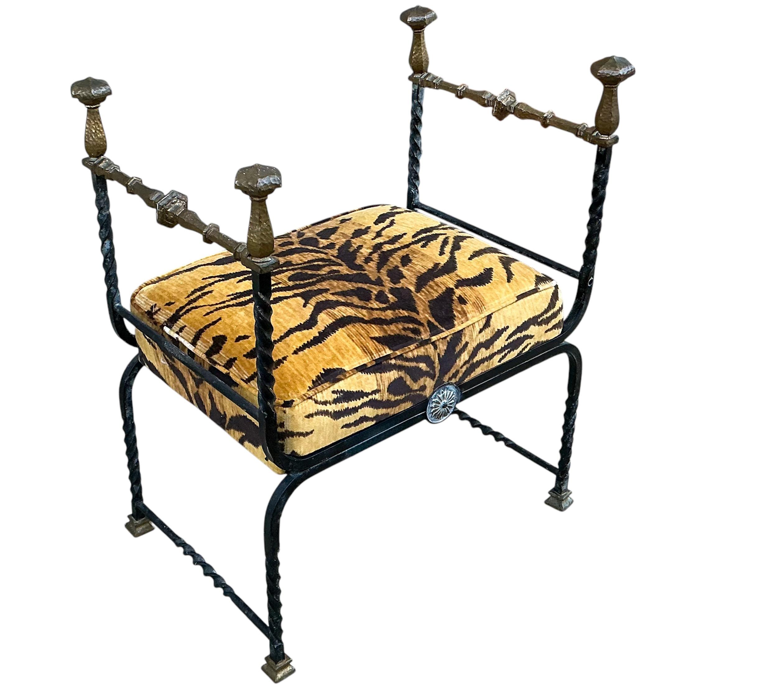 19th-C. Italian Iron & Bronze Savonarola Campaign Bench / Ottoman Tiger Velvet 1