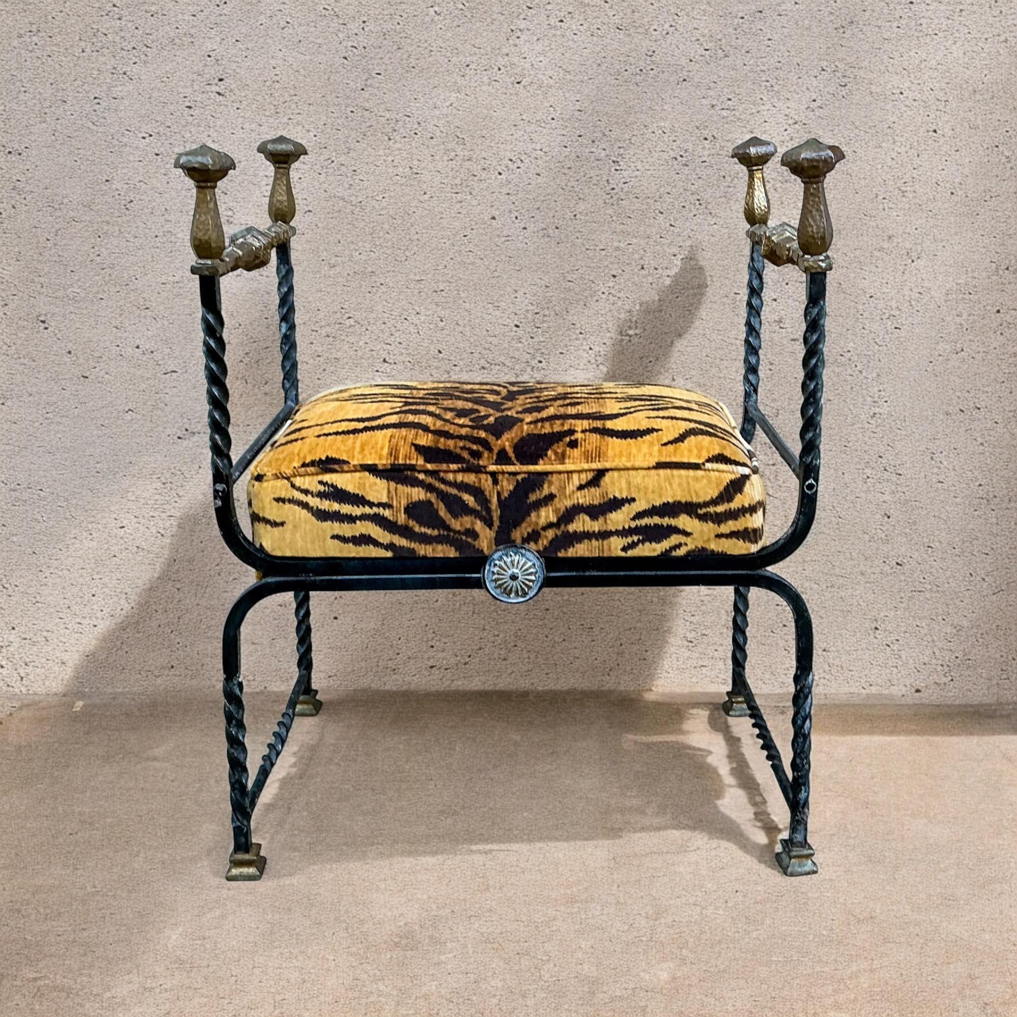 19th-C. Italian Iron & Bronze Savonarola Campaign Bench / Ottoman Tiger Velvet 2