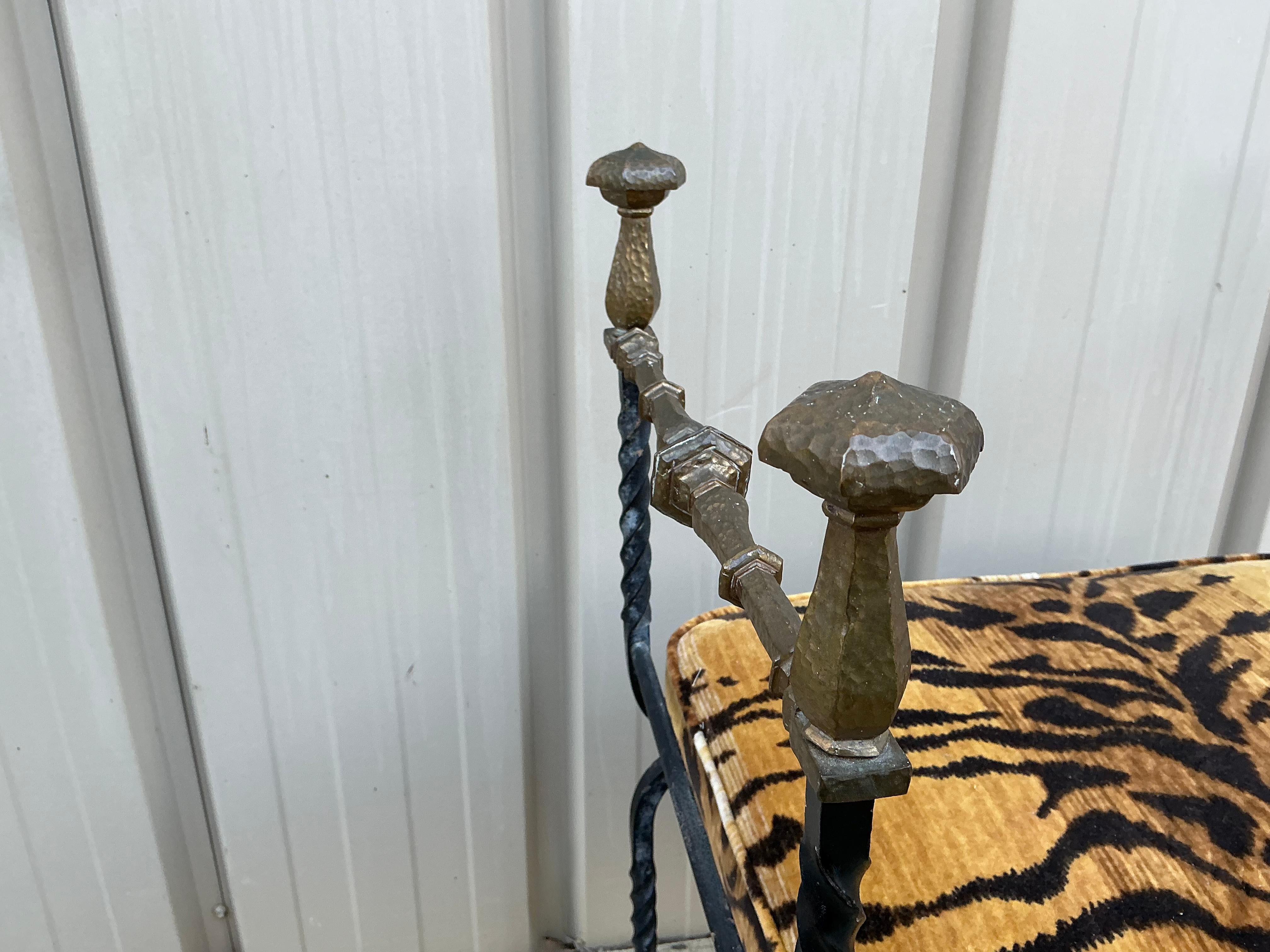 19th-C. Italian Iron & Bronze Savonarola Campaign Bench / Ottoman Tiger Velvet 3