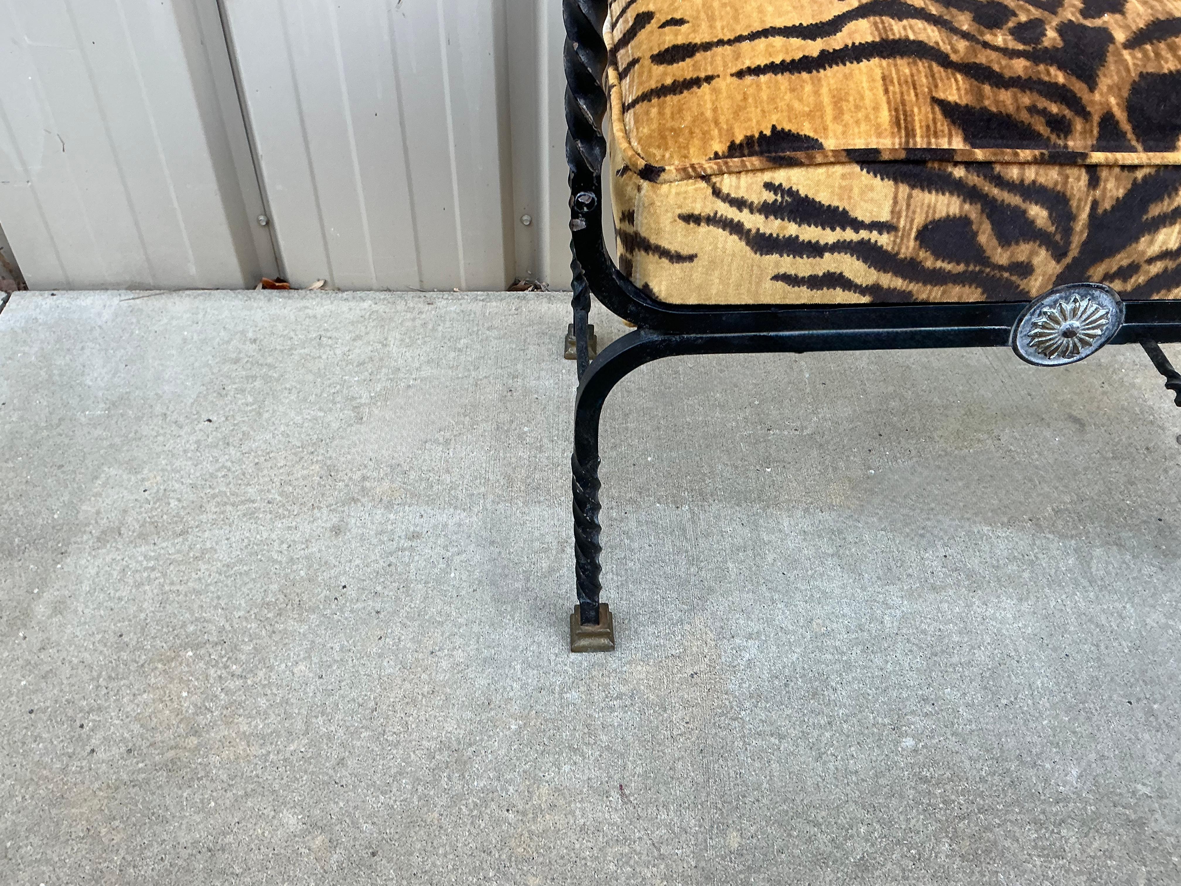 19th-C. Italian Iron & Bronze Savonarola Campaign Bench / Ottoman Tiger Velvet 4