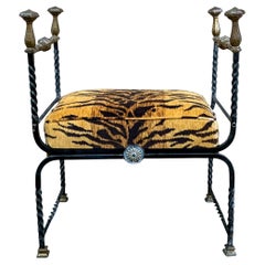 19th-C. Italian Iron & Bronze Savonarola Campaign Bench / Ottoman Tiger Velvet