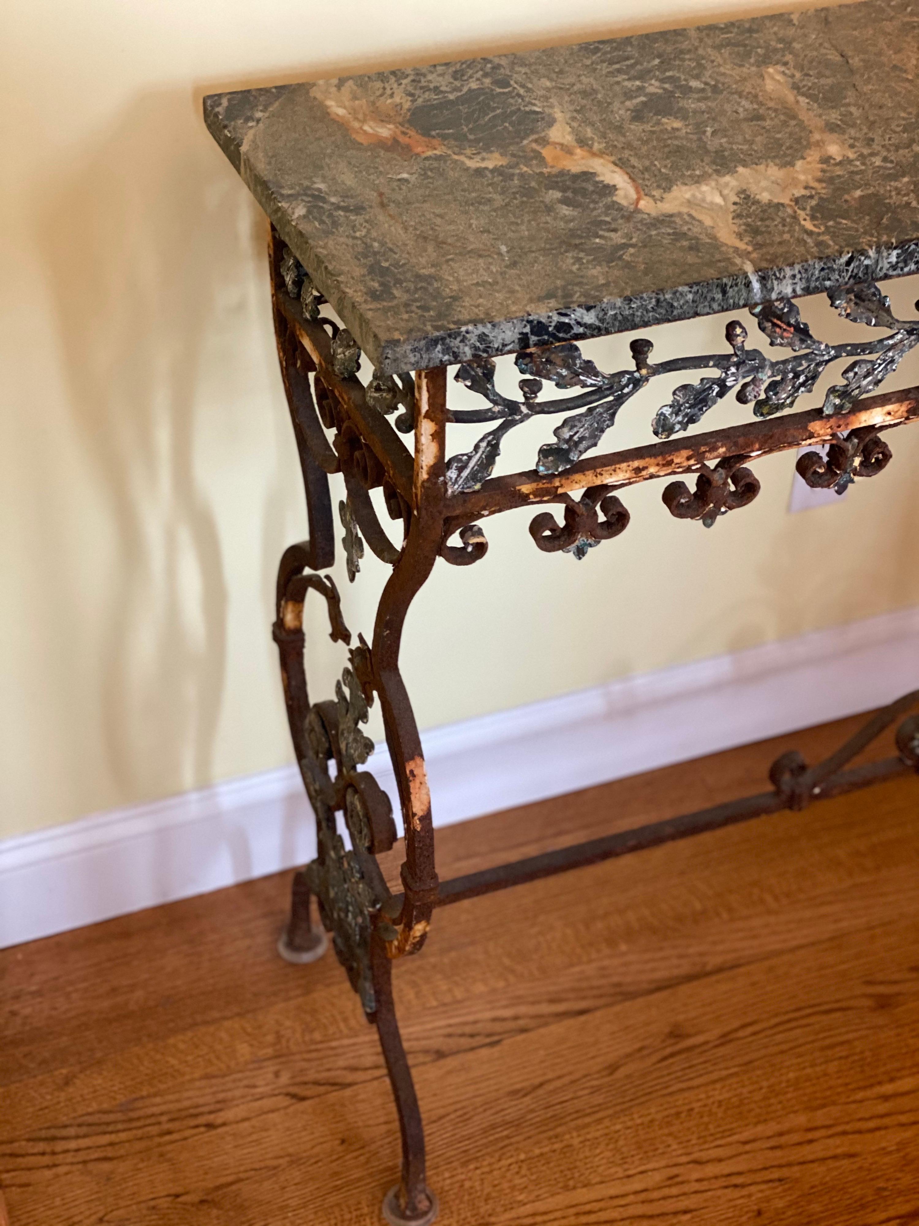19th C. Italian Iron Console with Oak Leaf Frieze and Marble Top For Sale 6