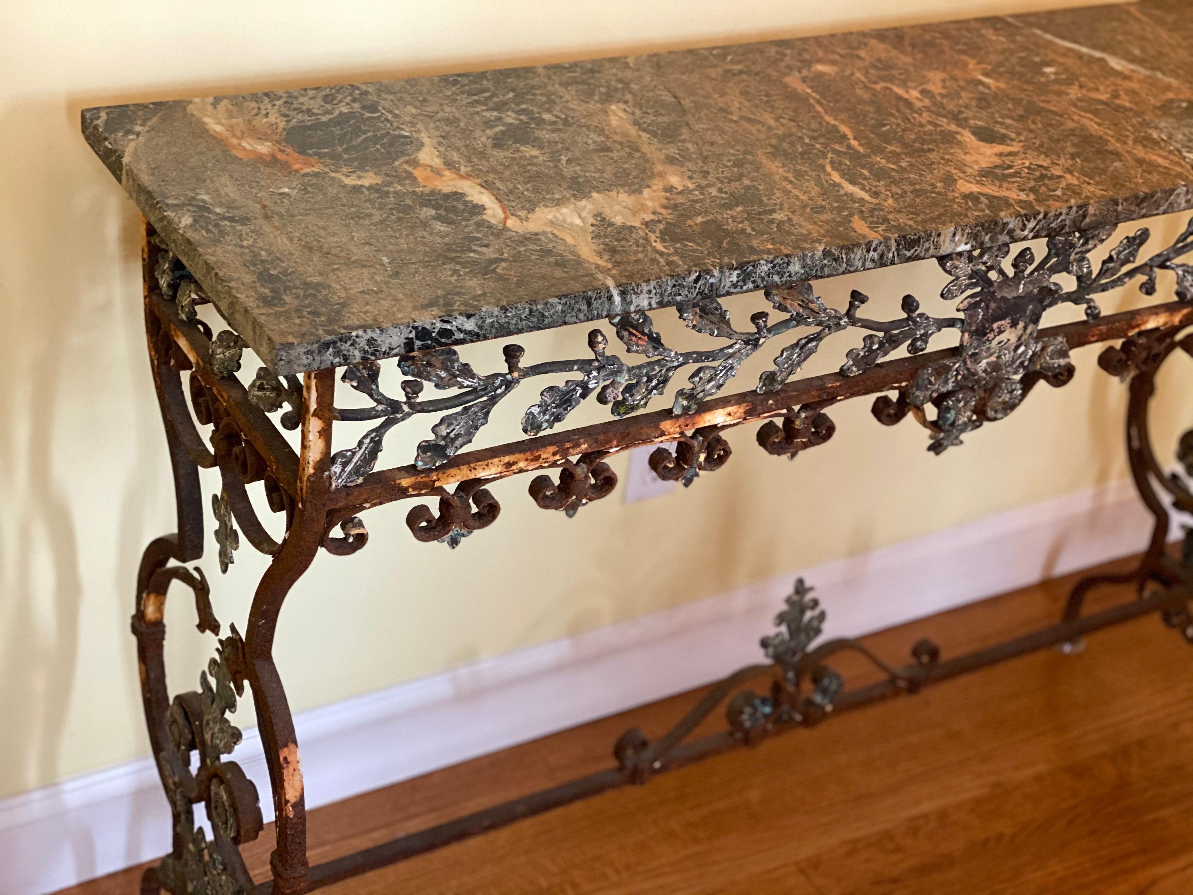 19th C. Italian Iron Console with Oak Leaf Frieze and Marble Top For Sale 7