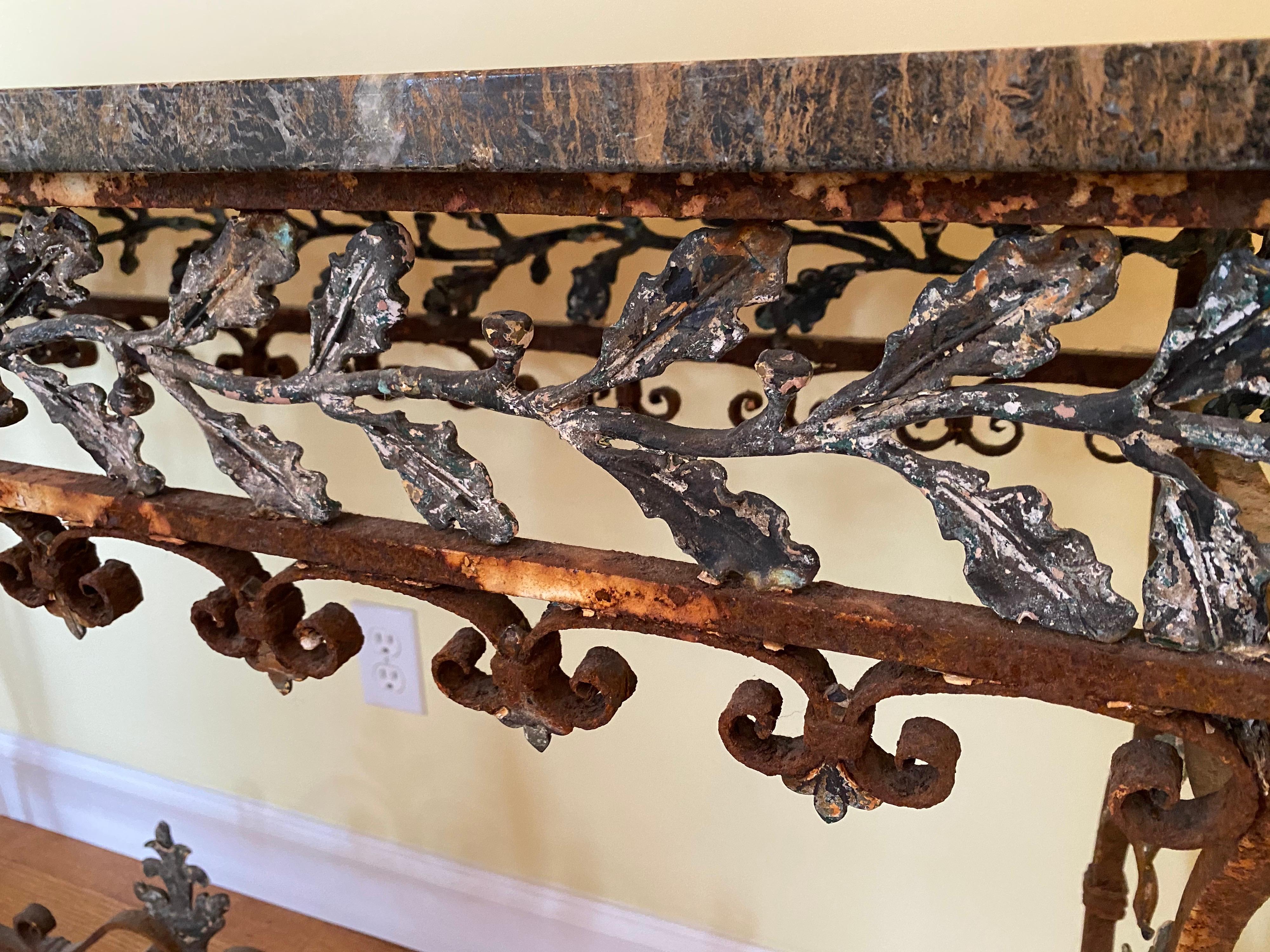 19th C. Italian Iron Console with Oak Leaf Frieze and Marble Top For Sale 12