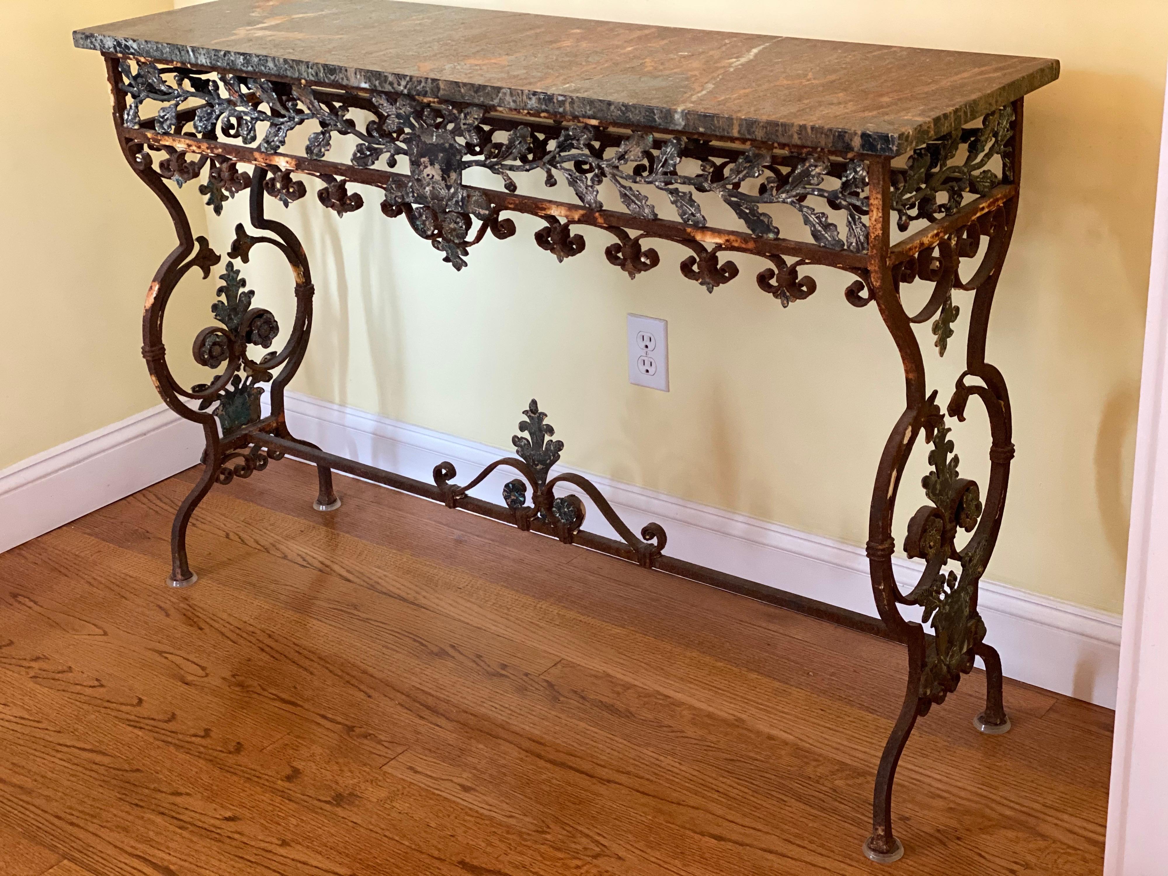 19th C. Italian Iron Console with Oak Leaf Frieze and Marble Top In Good Condition For Sale In Southampton, NY