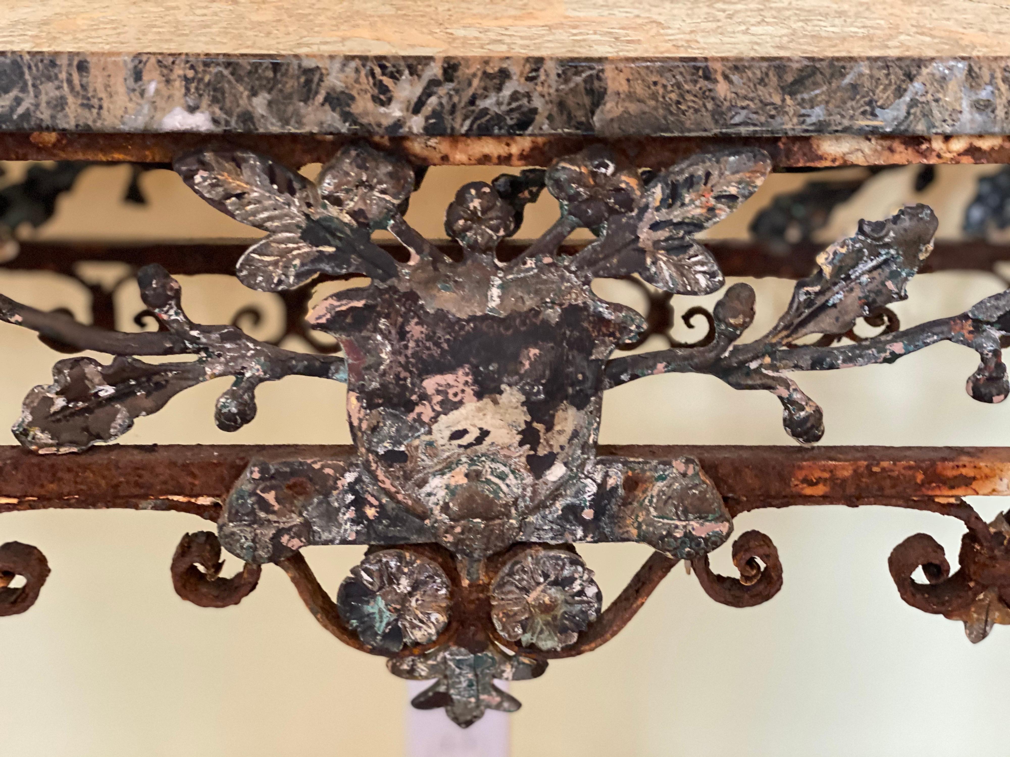 19th Century 19th C. Italian Iron Console with Oak Leaf Frieze and Marble Top For Sale
