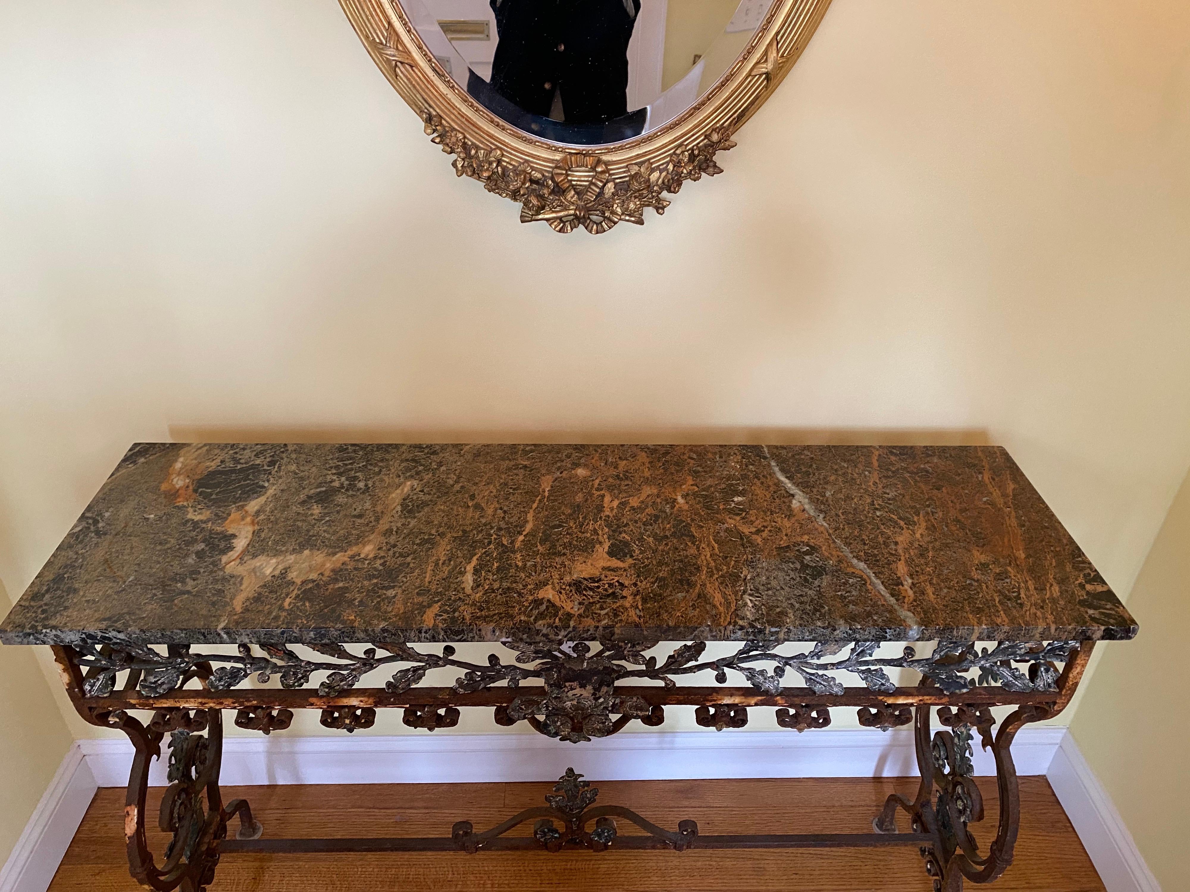 19th C. Italian Iron Console with Oak Leaf Frieze and Marble Top For Sale 1