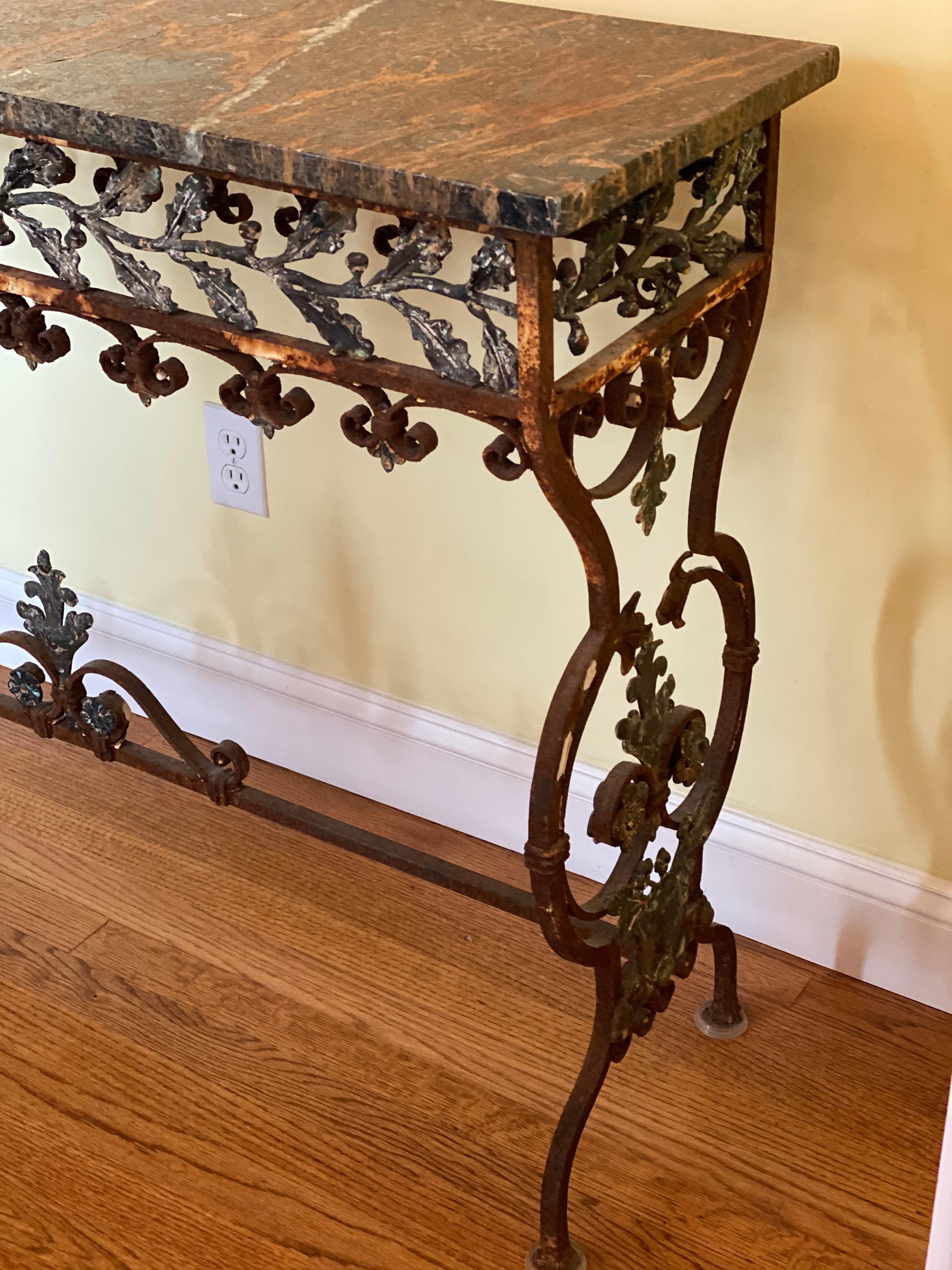 19th C. Italian Iron Console with Oak Leaf Frieze and Marble Top For Sale 4