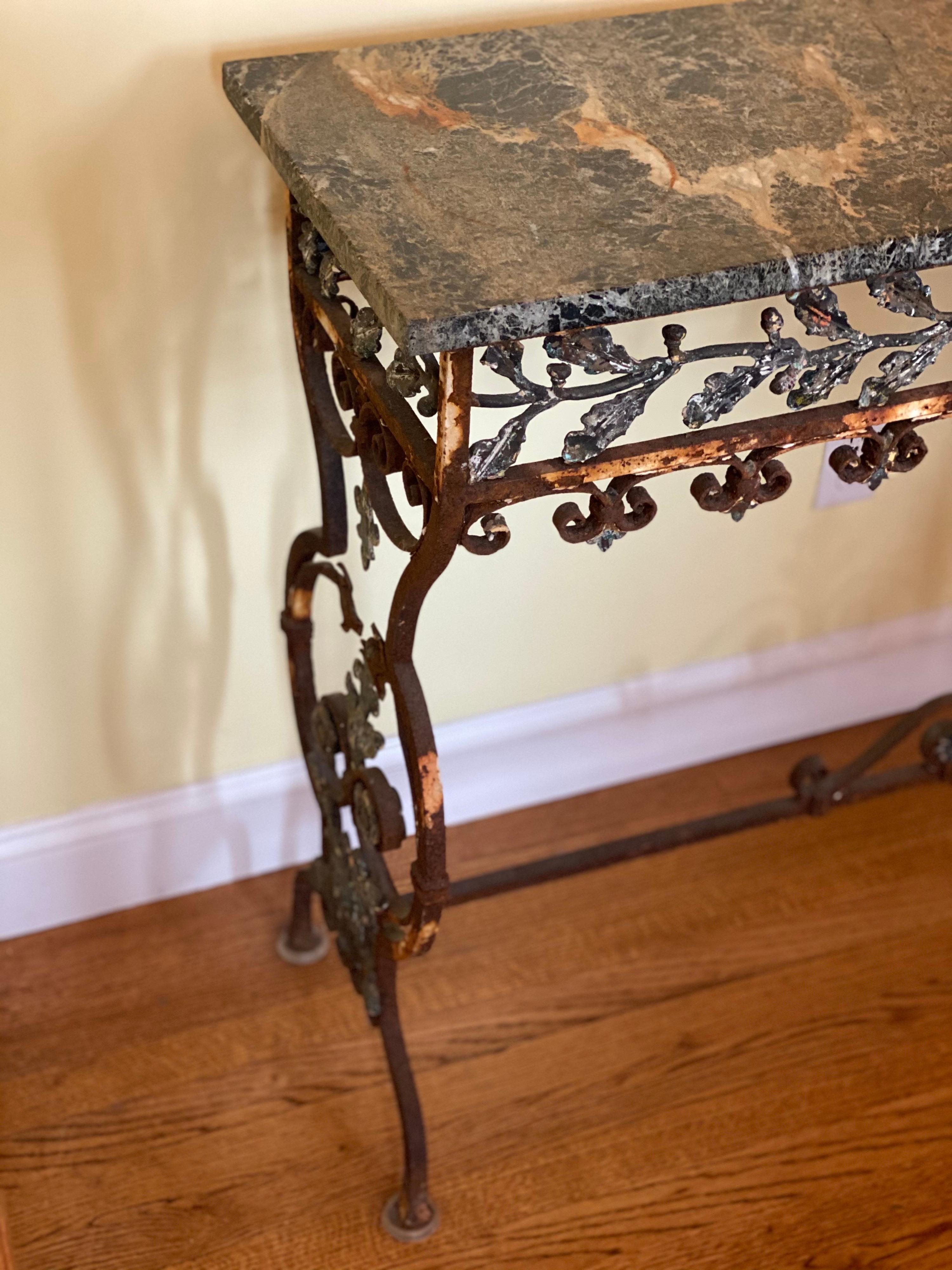 19th C. Italian Iron Console with Oak Leaf Frieze and Marble Top For Sale 5