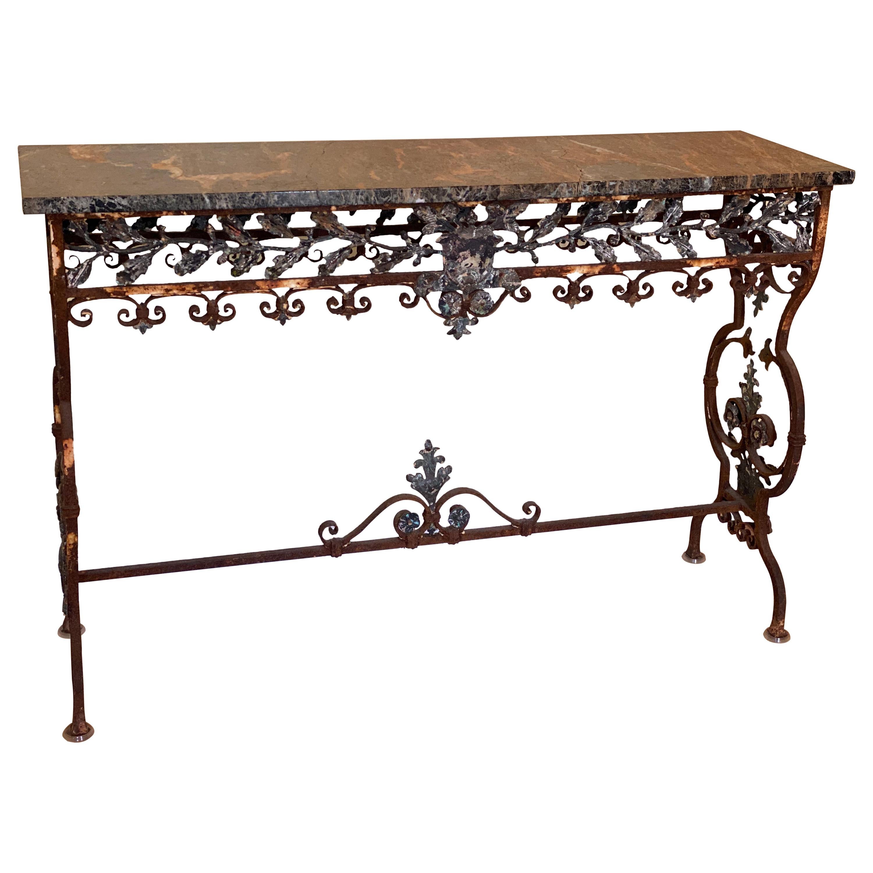 19th C. Italian Iron Console with Oak Leaf Frieze and Marble Top For Sale