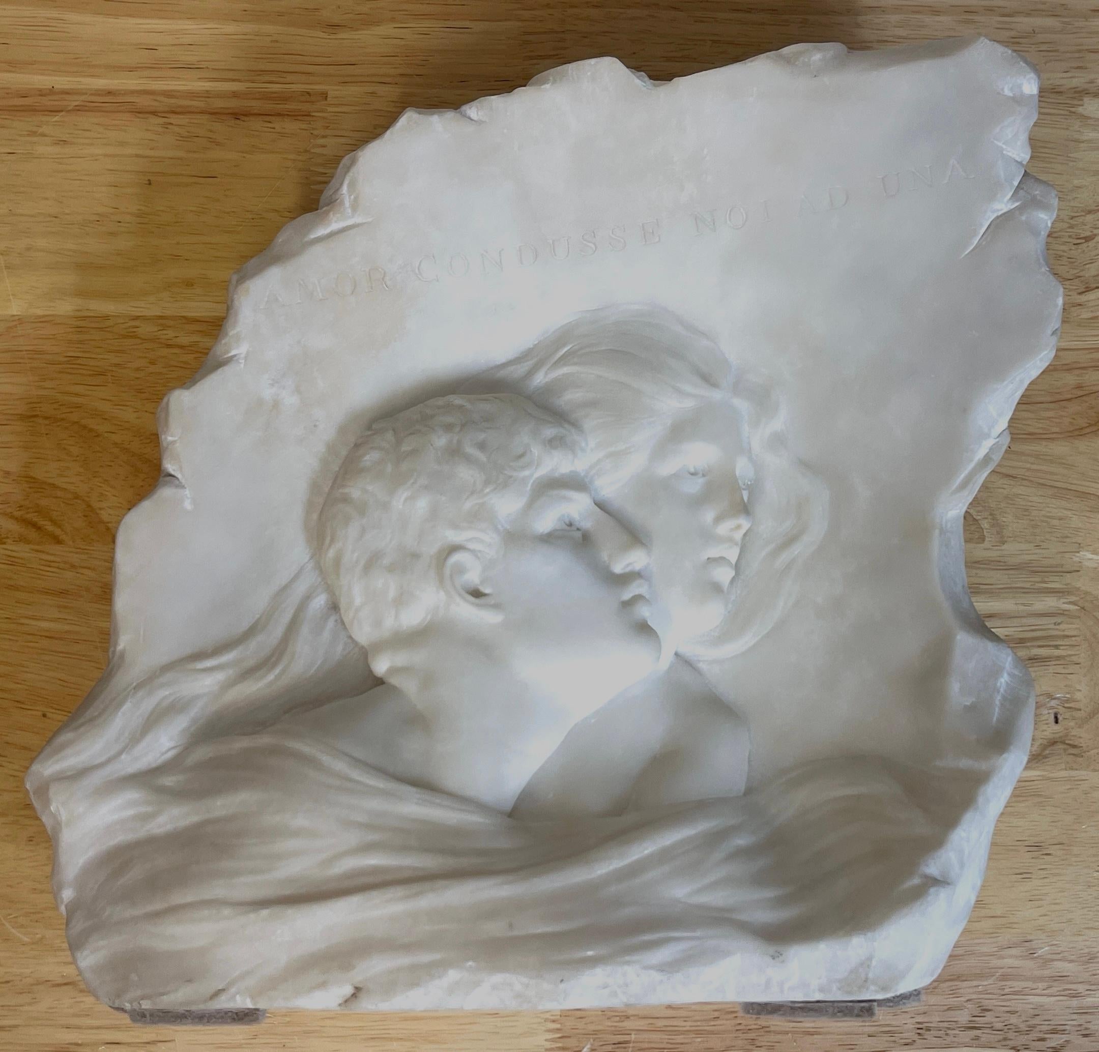 19th C. Italian Marble Relief of Romeo & Juliet, Signed E. Fiaschi, with Base For Sale 4