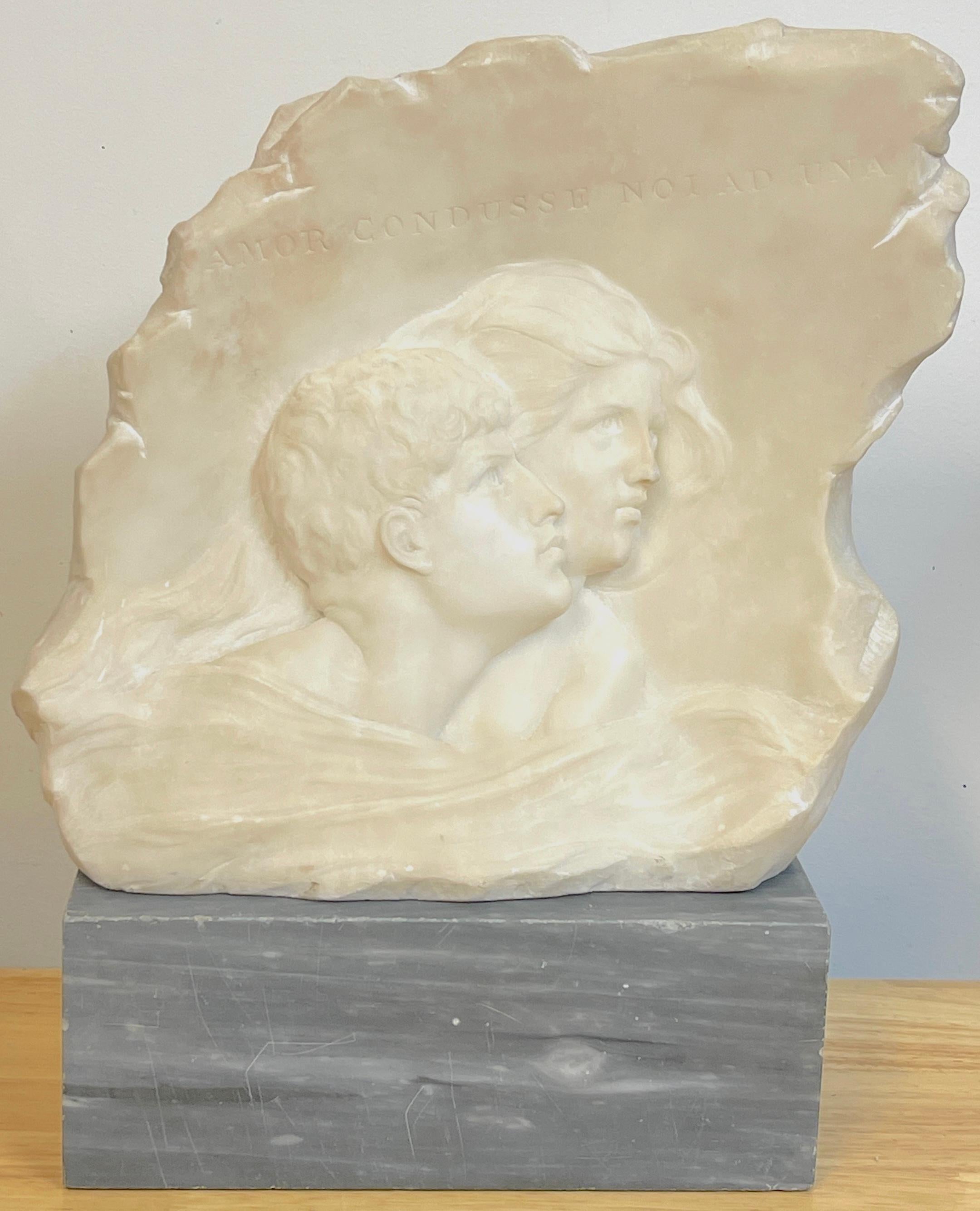 
19th C. Italian Marble Relief of Romeo & Juliet, Signed E. Fiaschi, late 19th–early 20th century with gray marble base. (2 Pieces) 

This finely executed two-piece marble sculpture depicts the tragic lovers Romeo and Juliet, their youthful faces