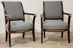 19th-C. Italian Neo-Classical Style Bergere Chairs with Cast Bronze Rams, Pair