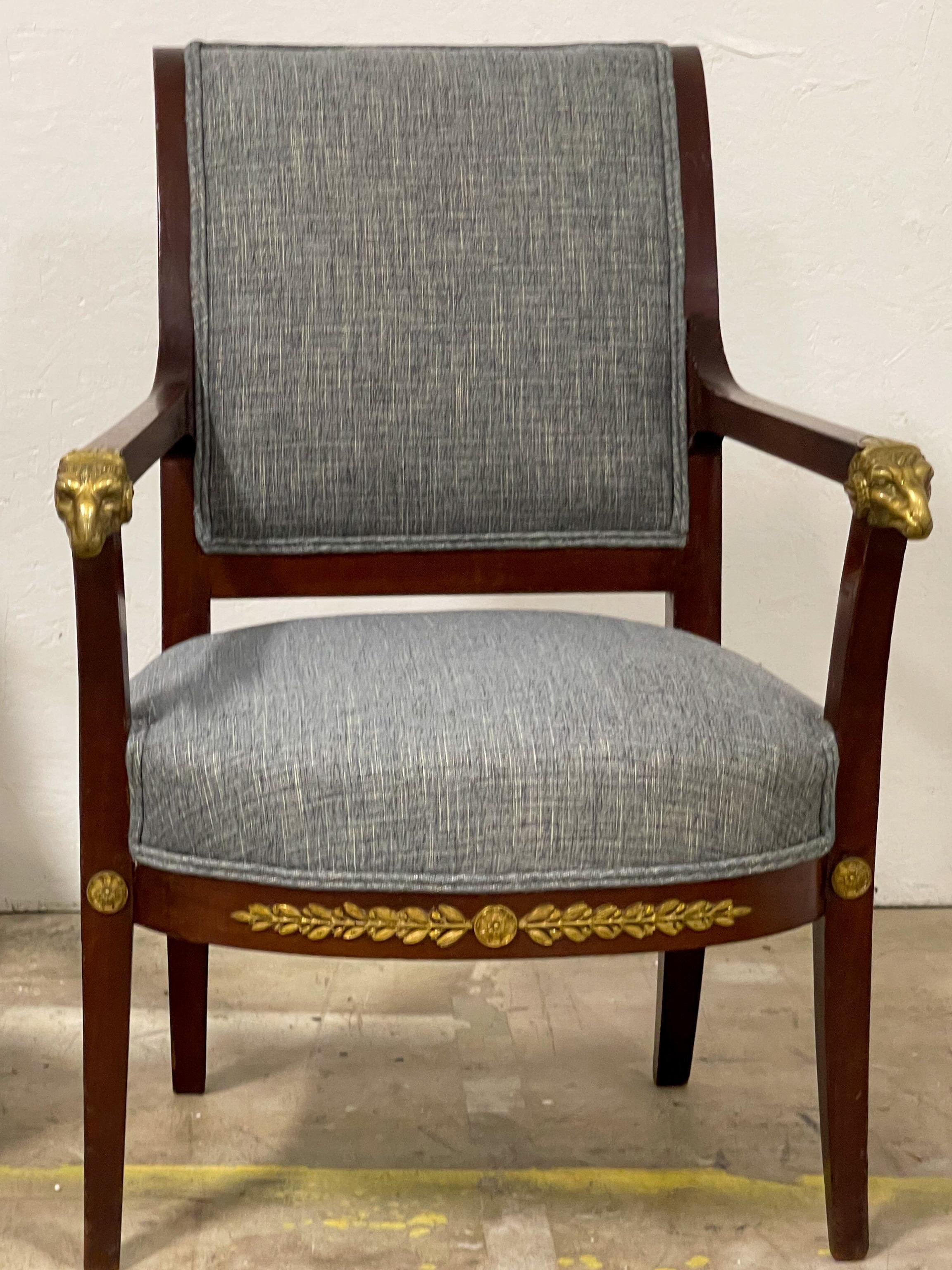 Neoclassical 19th-C. Italian Neo-Classical Style Bergere Chairs with Cast Bronze Rams, Pair For Sale