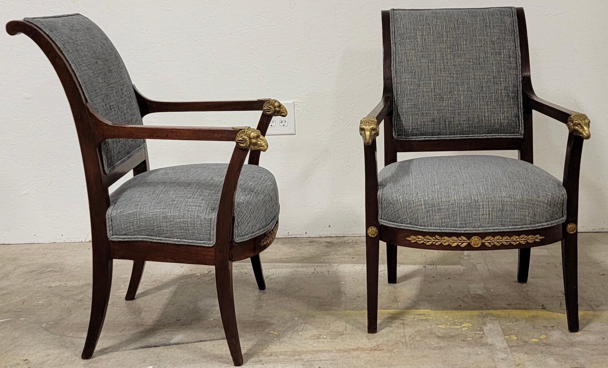19th Century 19th-C. Italian Neo-Classical Style Bergere Chairs with Cast Bronze Rams, Pair For Sale