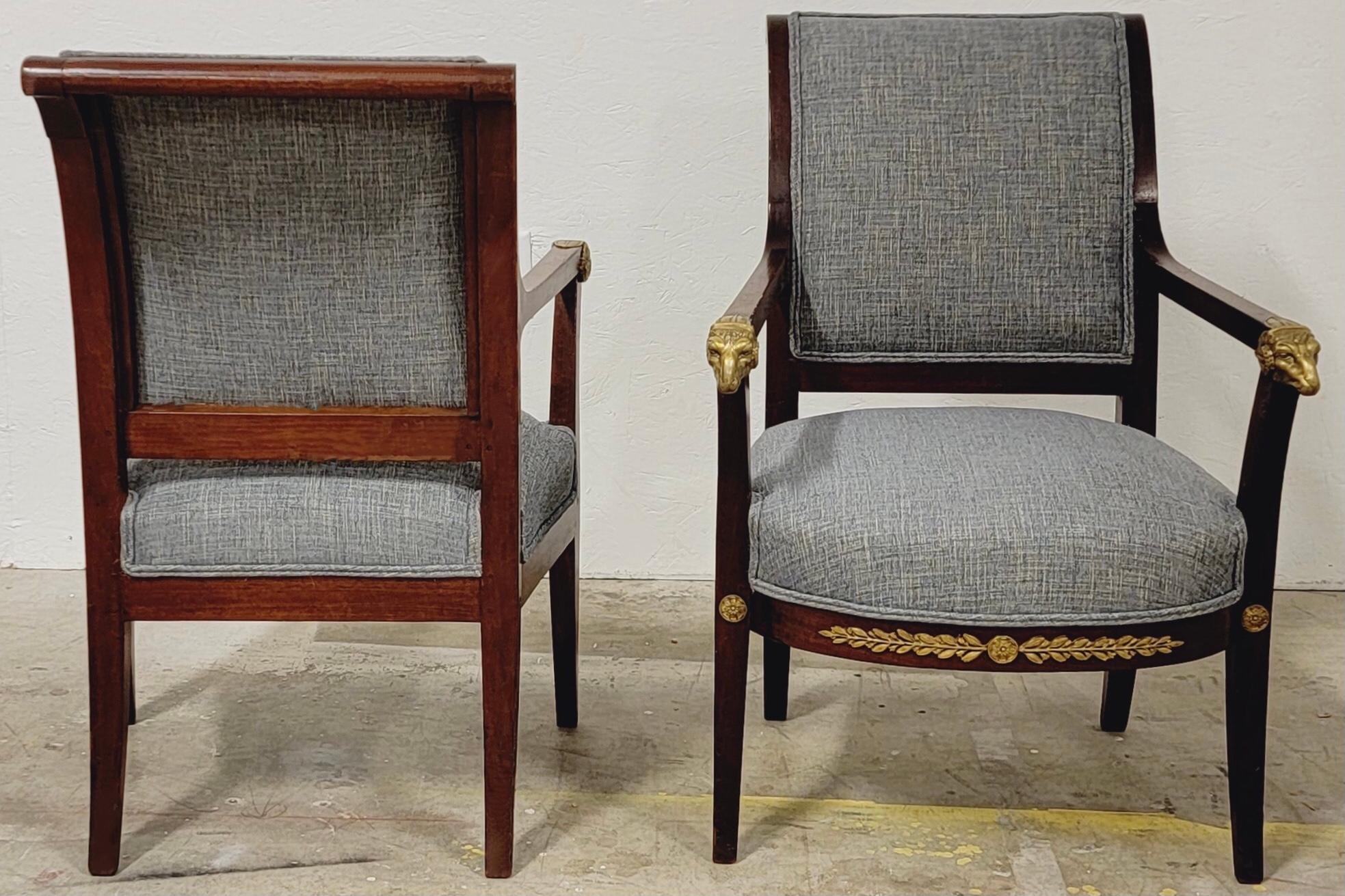 19th-C. Italian Neo-Classical Style Bergere Chairs with Cast Bronze Rams, Pair For Sale 1