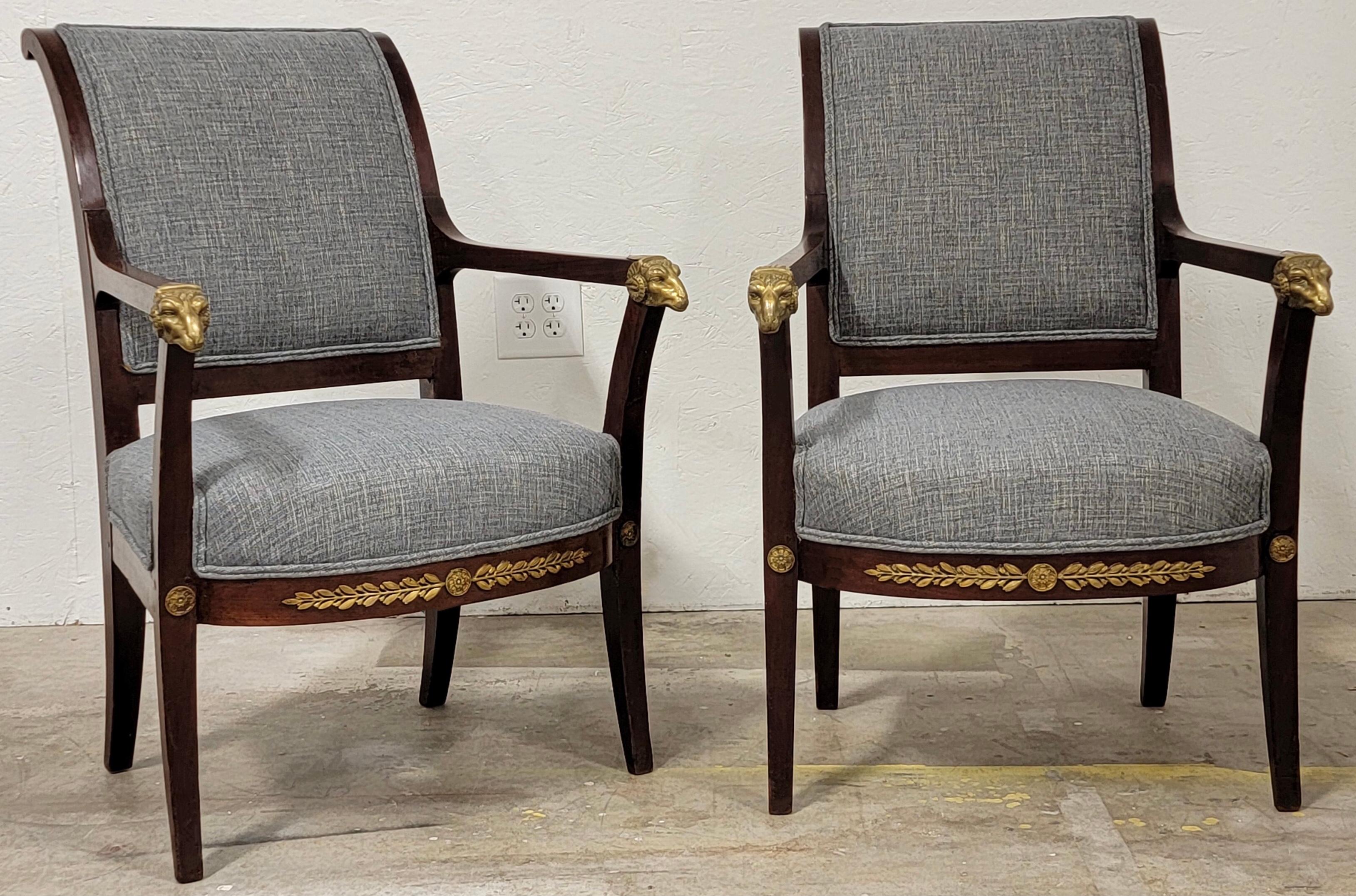 19th-C. Italian Neo-Classical Style Bergere Chairs with Cast Bronze Rams, Pair For Sale 2