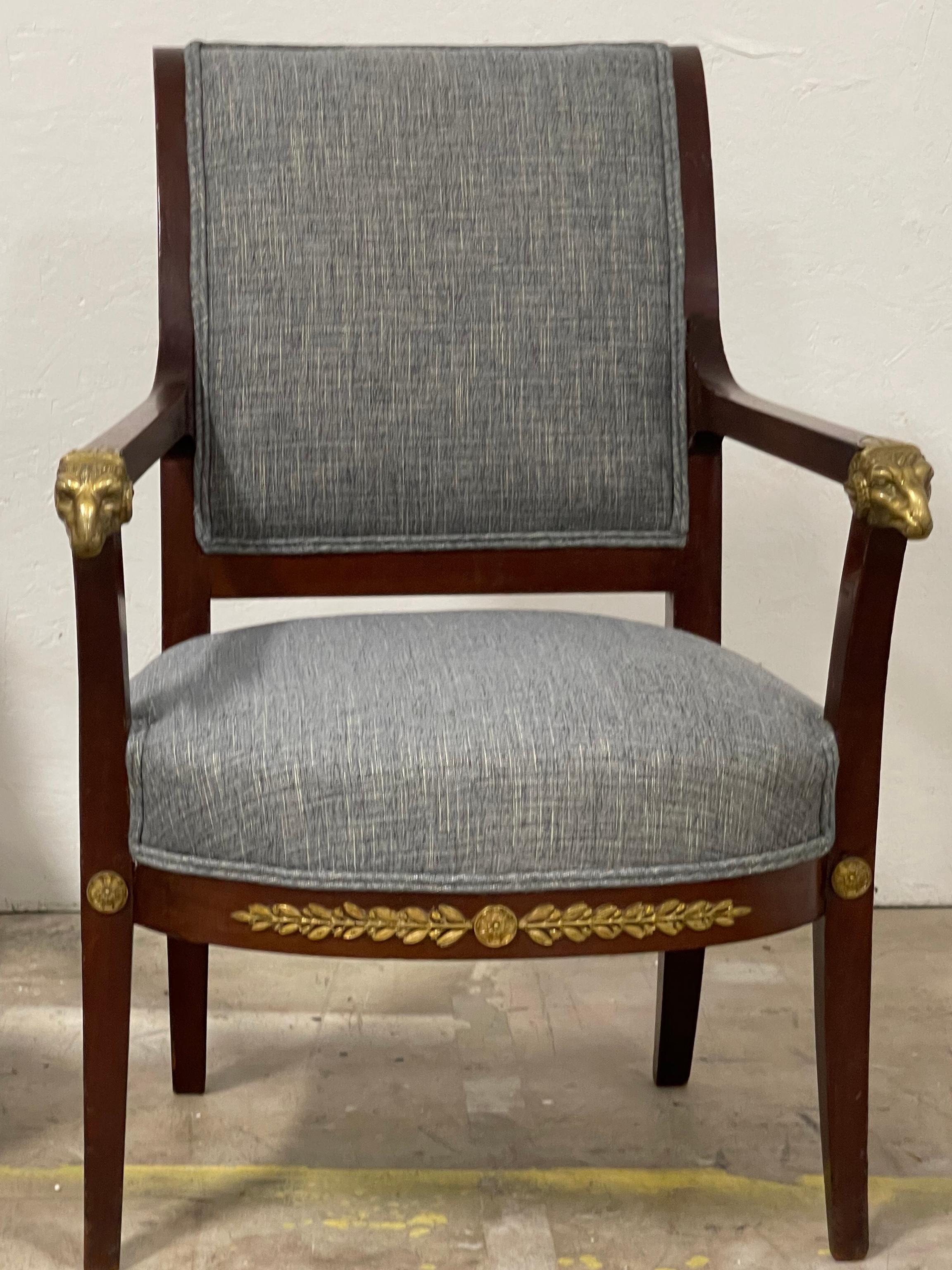 19th-C. Italian Neo-Classical Style Bergere Chairs with Cast Bronze Rams, Pair For Sale 3
