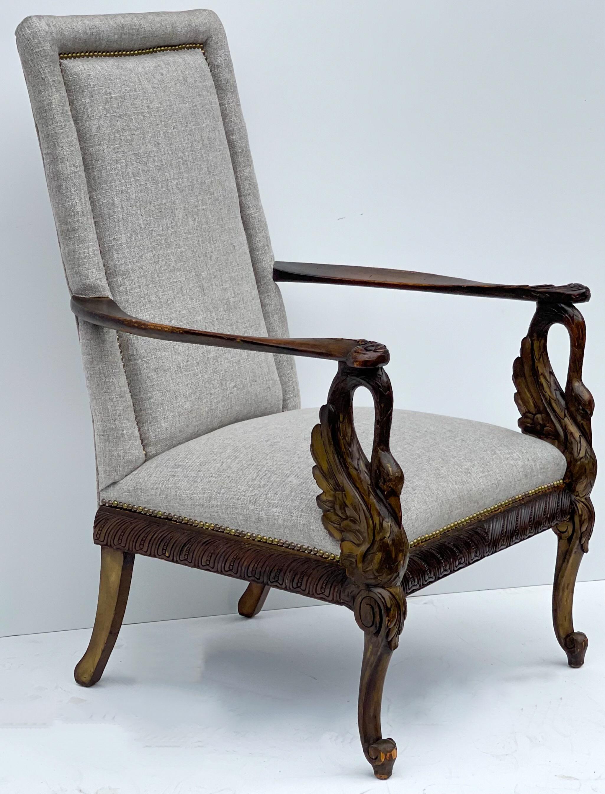 19th-C. Italian Neo-Classical Style Carved Walnut Arm Chair with Swan Form Arms For Sale 2