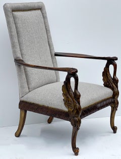 19th-C. Italian Neo-Classical Style Carved Walnut Arm Chair with Swan Form Arms