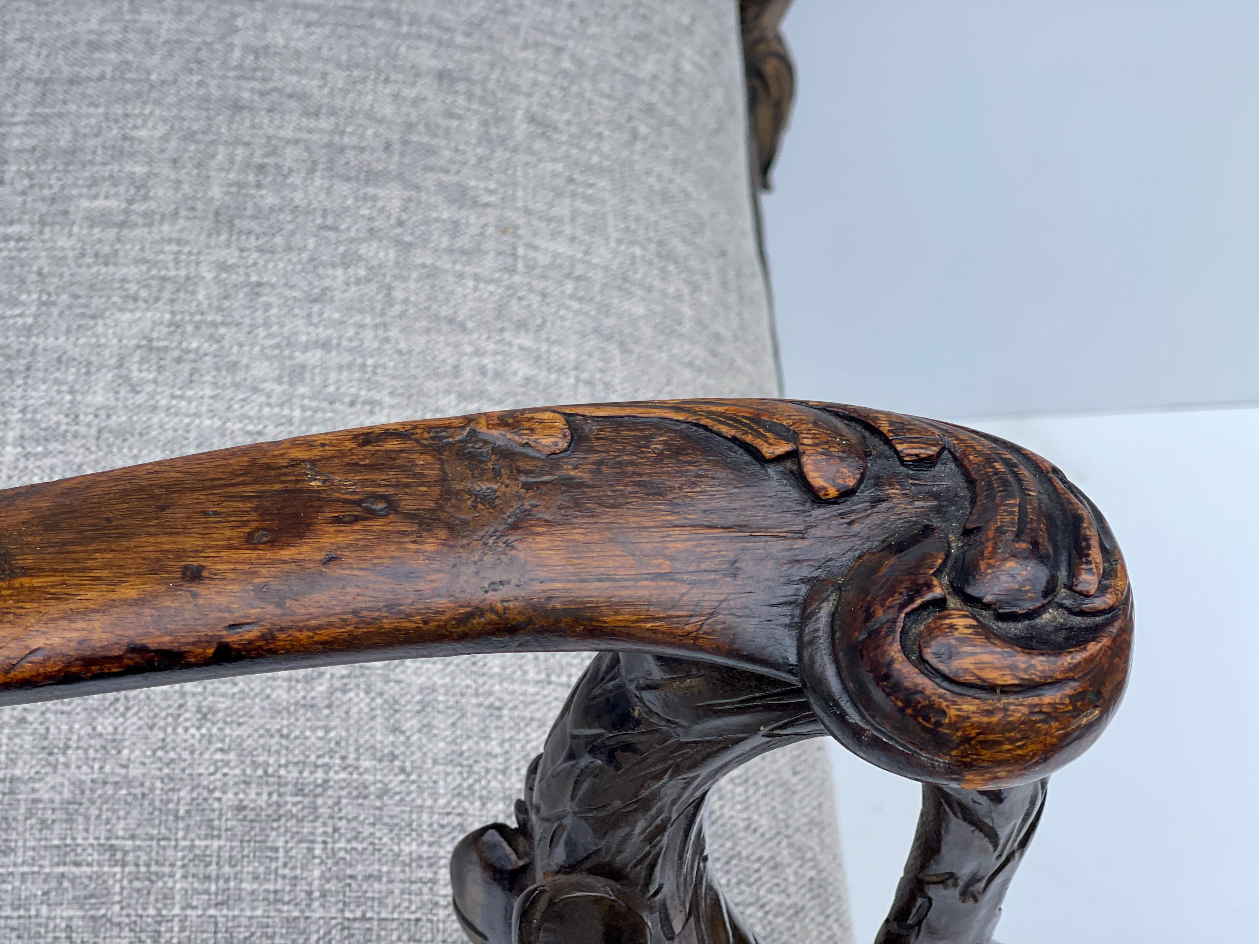 Linen 19th-C. Italian Neo-Classical Style Carved Walnut Arm Chair with Swan Form Arms For Sale