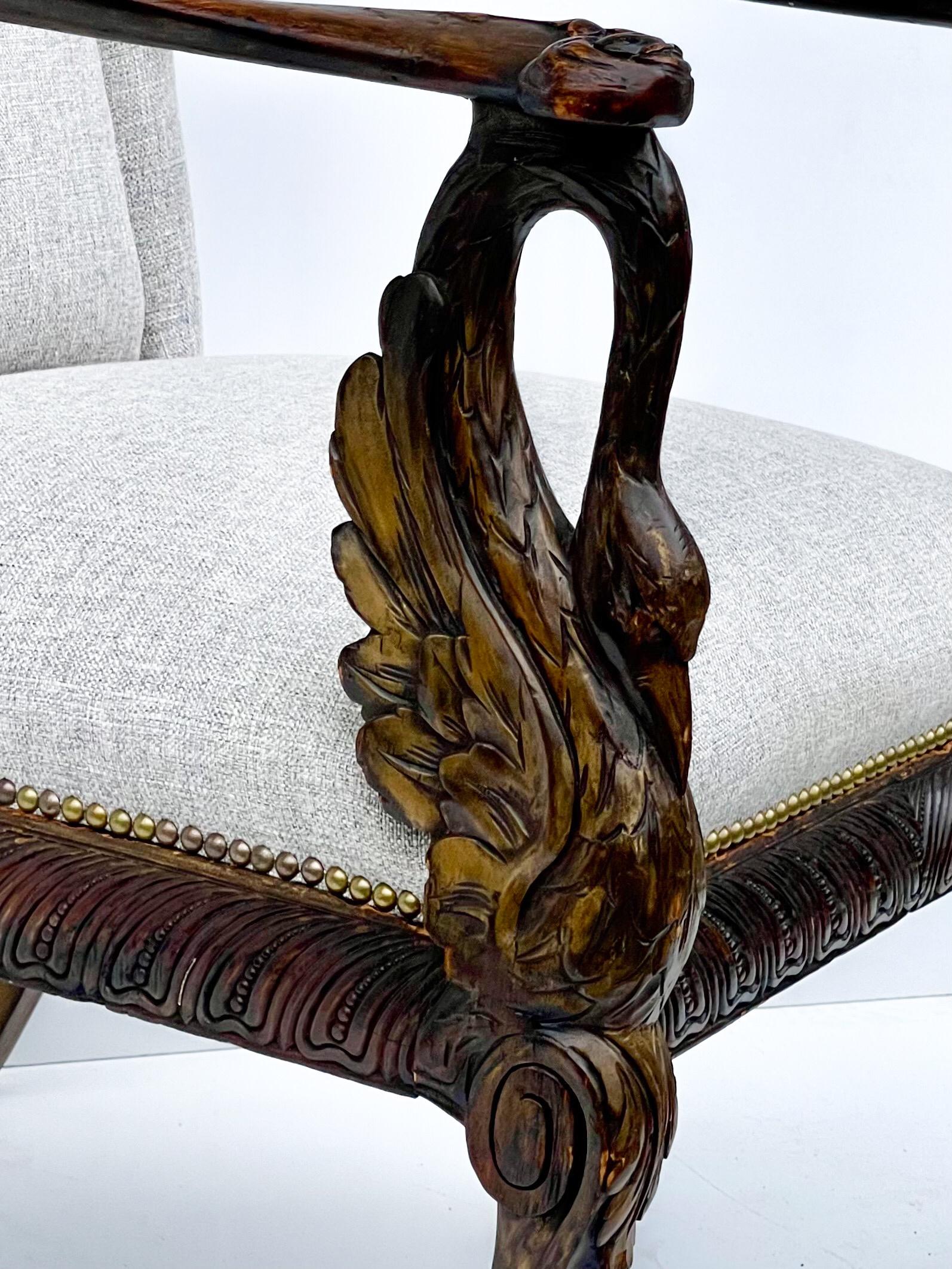 Linen 19th-C. Italian Neo-Classical Style Carved Walnut Arm Chair with Swan Form Arms For Sale