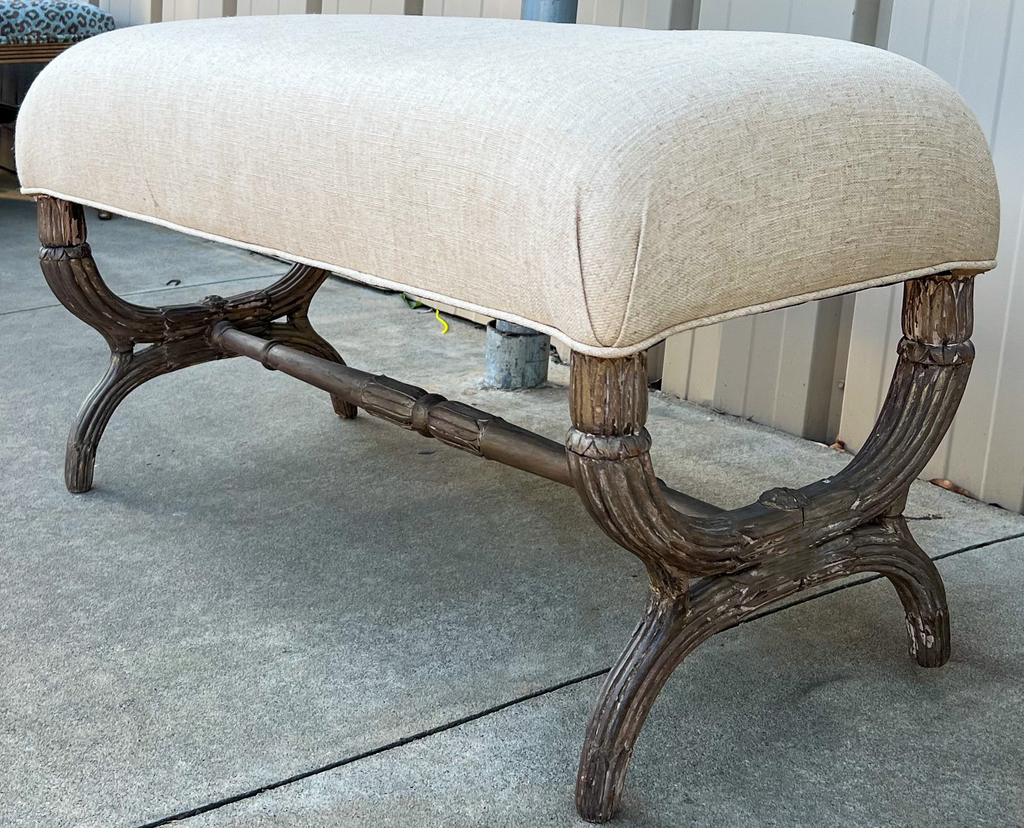 Neoclassical 19th-C. Italian Neo-Classical Style Carved Wood Bench in New Linen