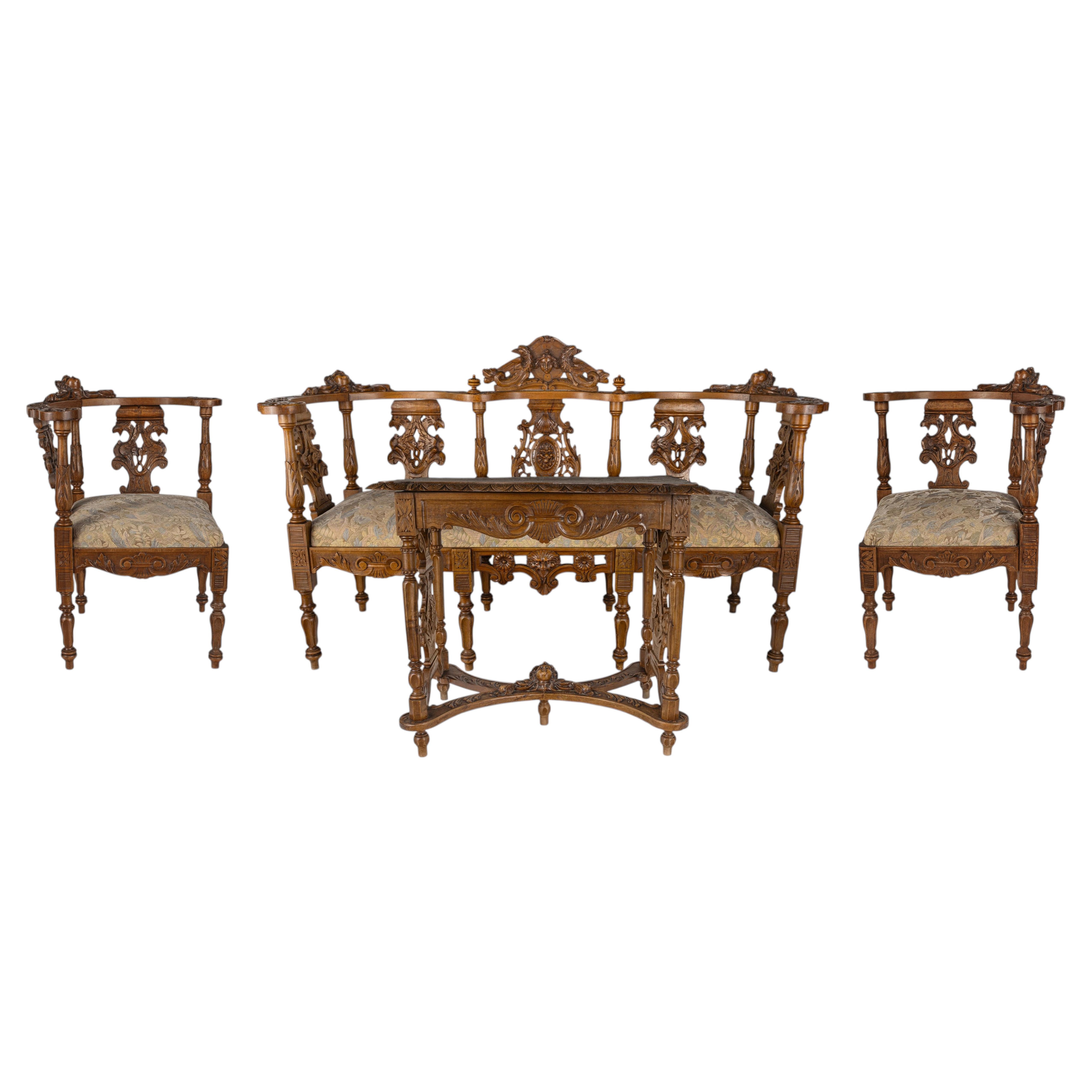 19th-C. Italian Neo-Renaissance Carved Walnut 5-Piece Salon Suite, ca. 1870 For Sale