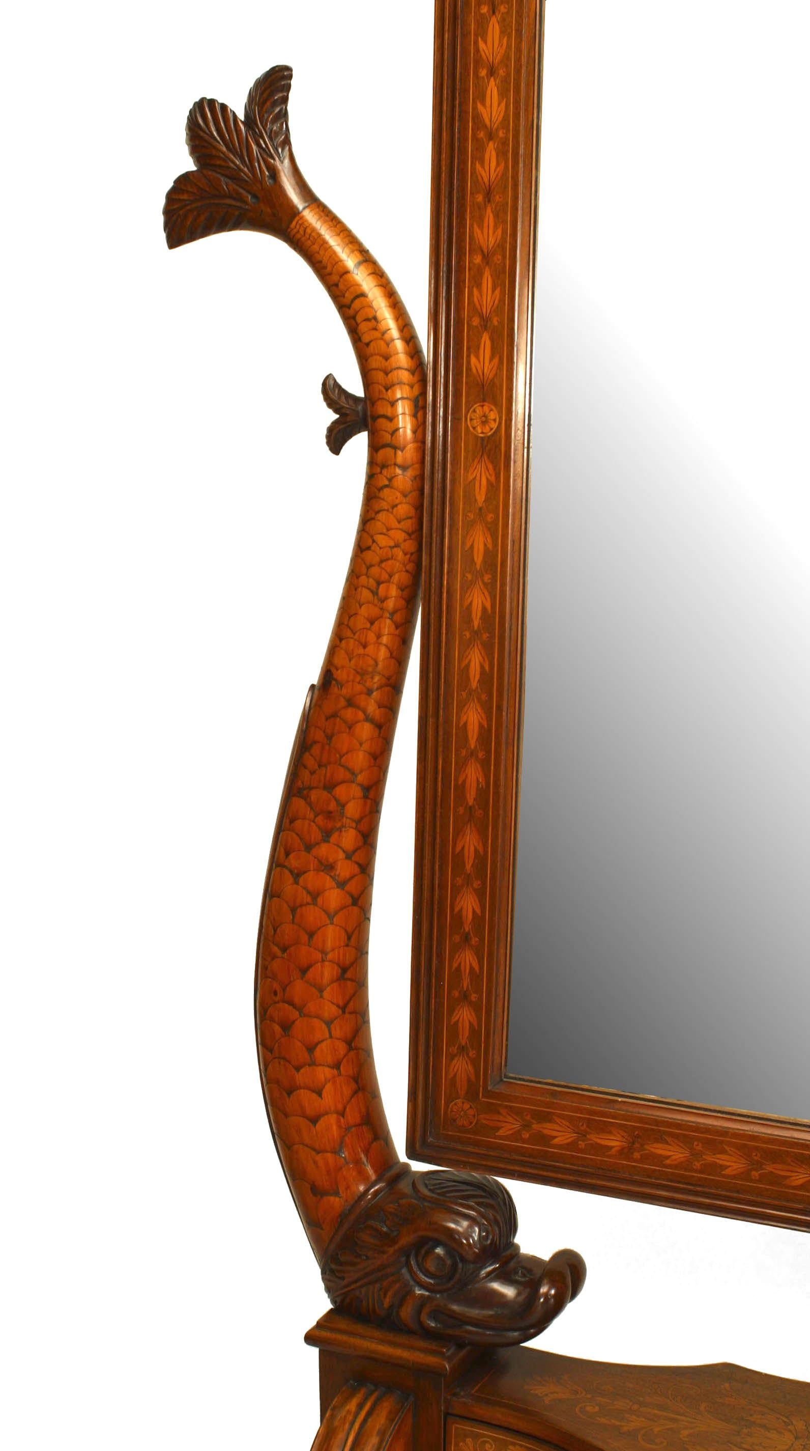 Italienischer neoklassischer italienischer Cheval-Spiegel mit Intarsien aus Nussbaumholz mit Delphinenmuster (Neoklassisch) im Angebot