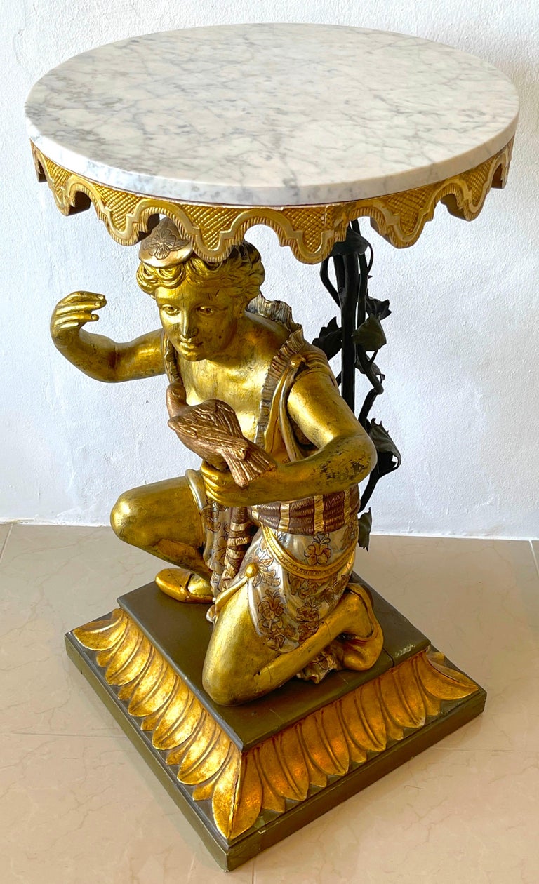 19th C Italian Neoclassical Figural Carved Giltwood and Marble Pedestal ...