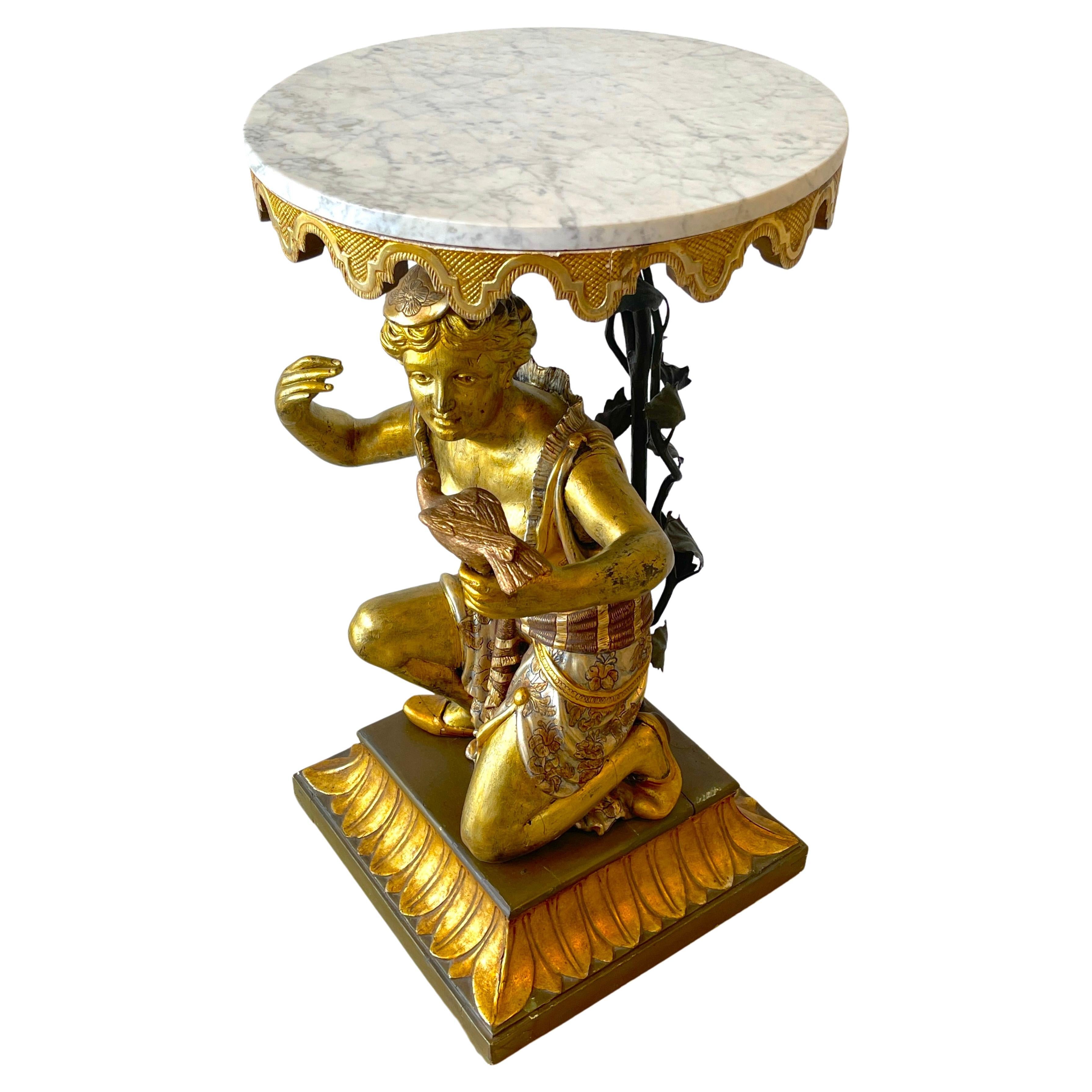 19th C Italian Neoclassical Figural Carved Giltwood & Marble Pedestal / Table