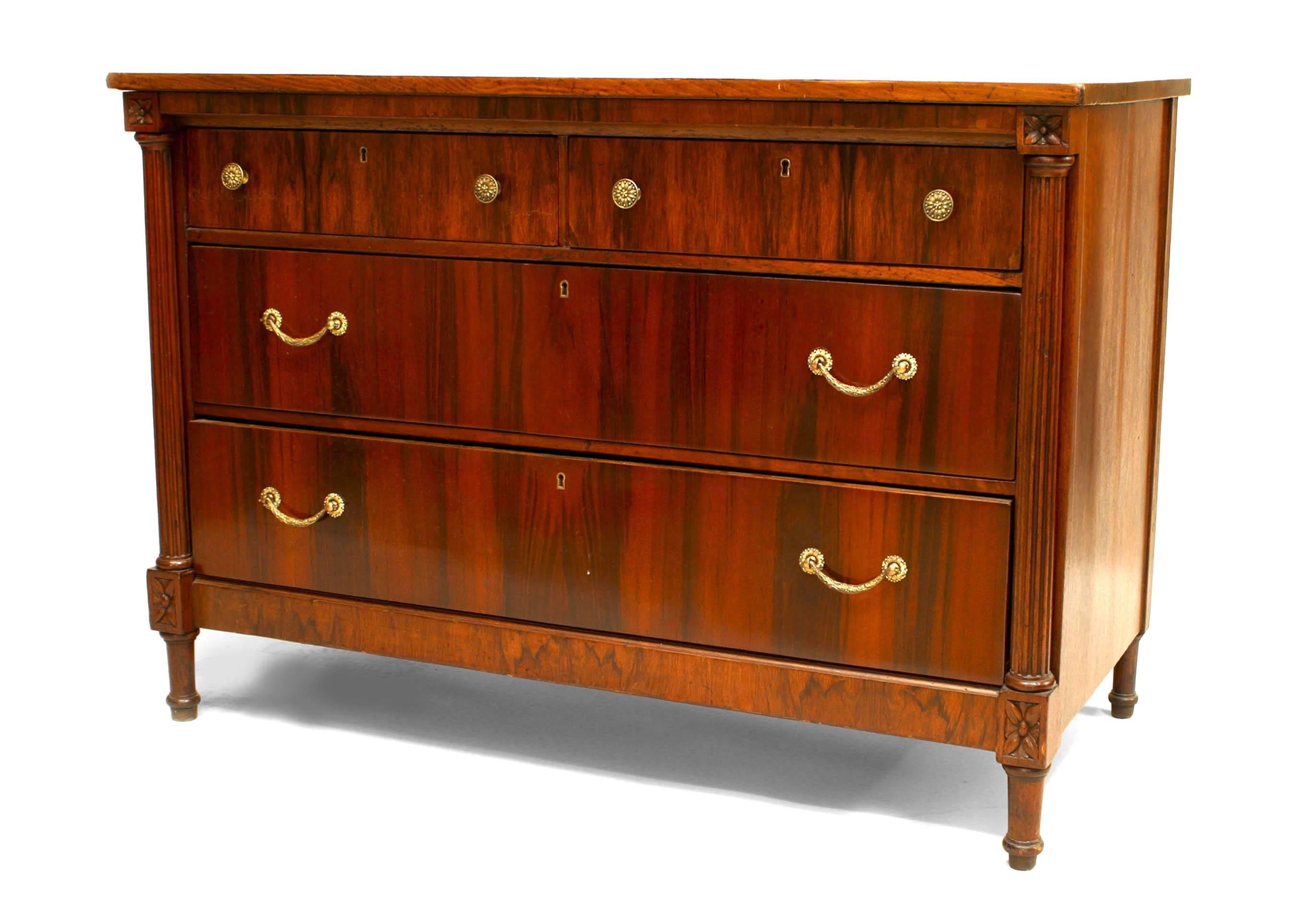 Italian Neo-classic (19th Century) walnut chest with 4 drawers and fluted column sides.
