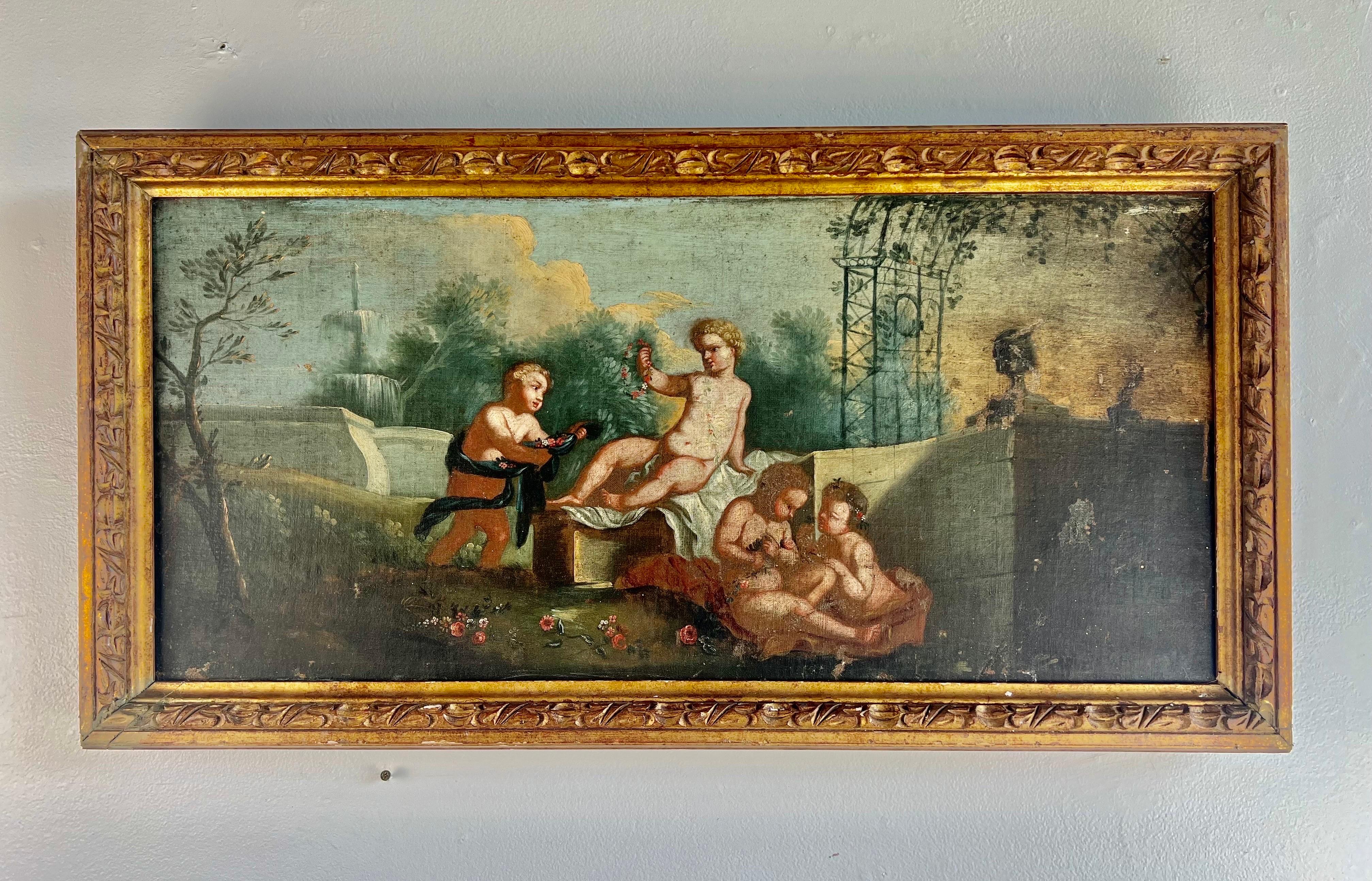 19th C. Original Oil on Canvas depicting a group of cherubs making flower garlands.  It is charming and whimsical.  The detail is intricate.  It has been relined and a has had a gilt wood frame added.