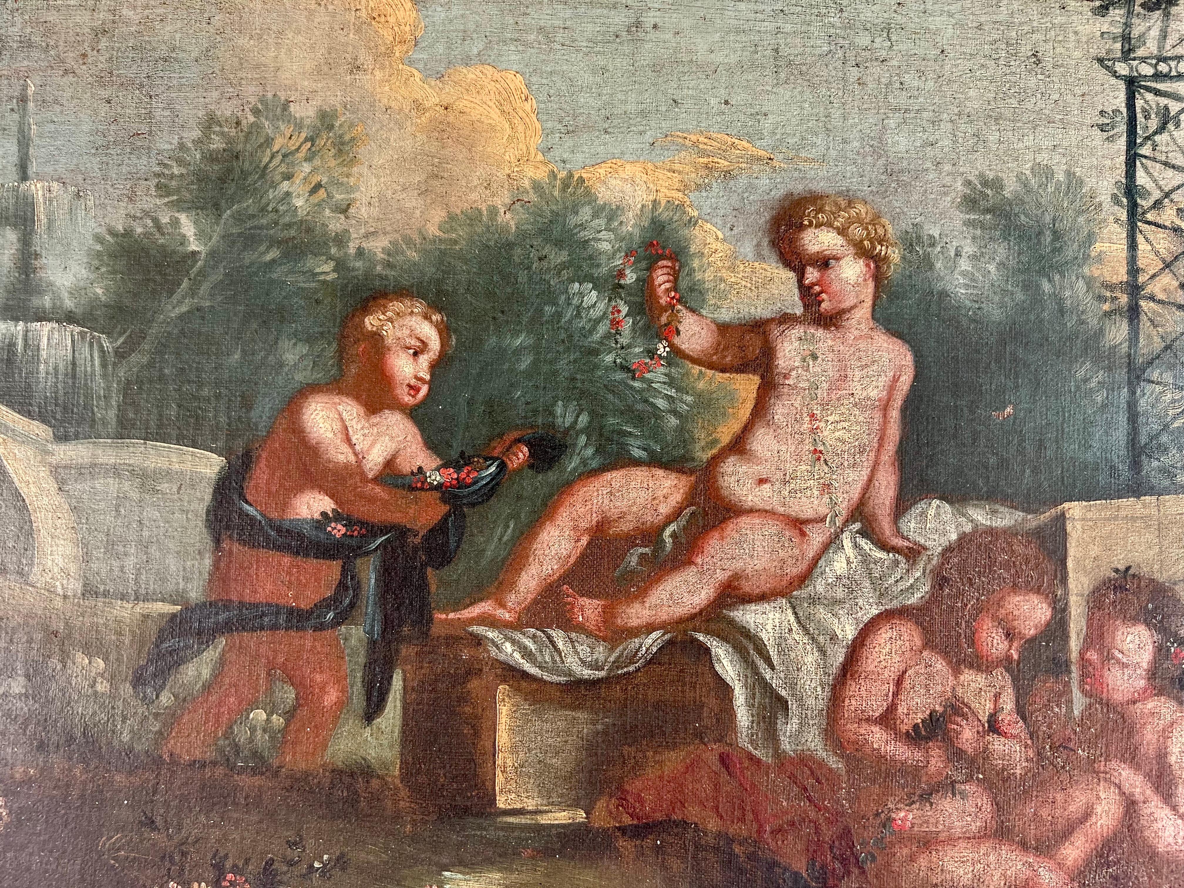 19th C. Italian Oil on Canvas w/ Cherubs In Distressed Condition For Sale In Los Angeles, CA