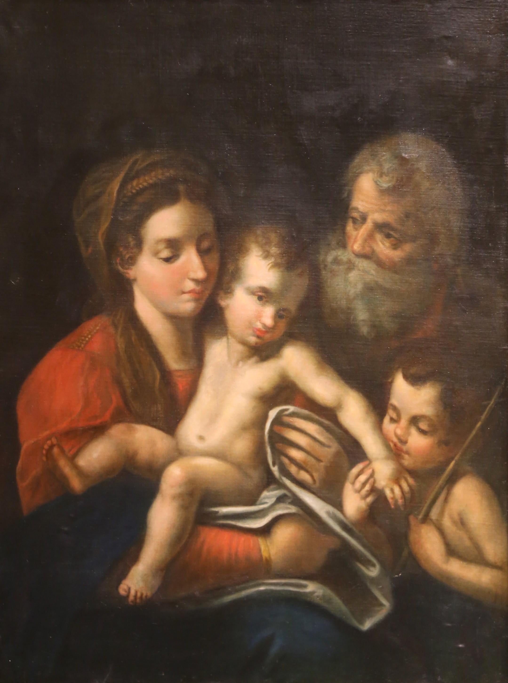 Baroque A.I.C. peinture à l'huile de la Sainte Famille avec Saint John dans un cadre en bois doré en vente