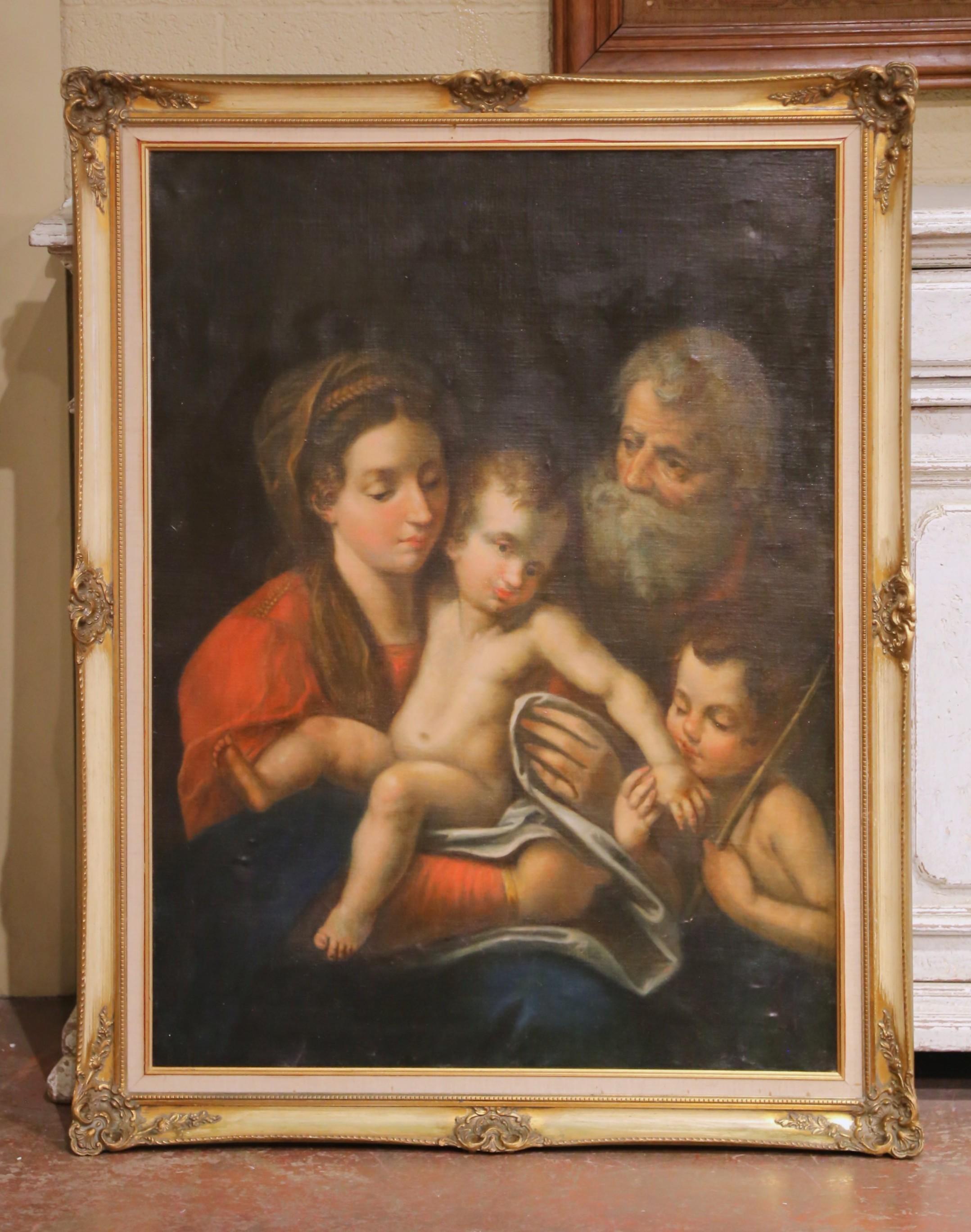 Sculpté A.I.C. peinture à l'huile de la Sainte Famille avec Saint John dans un cadre en bois doré en vente