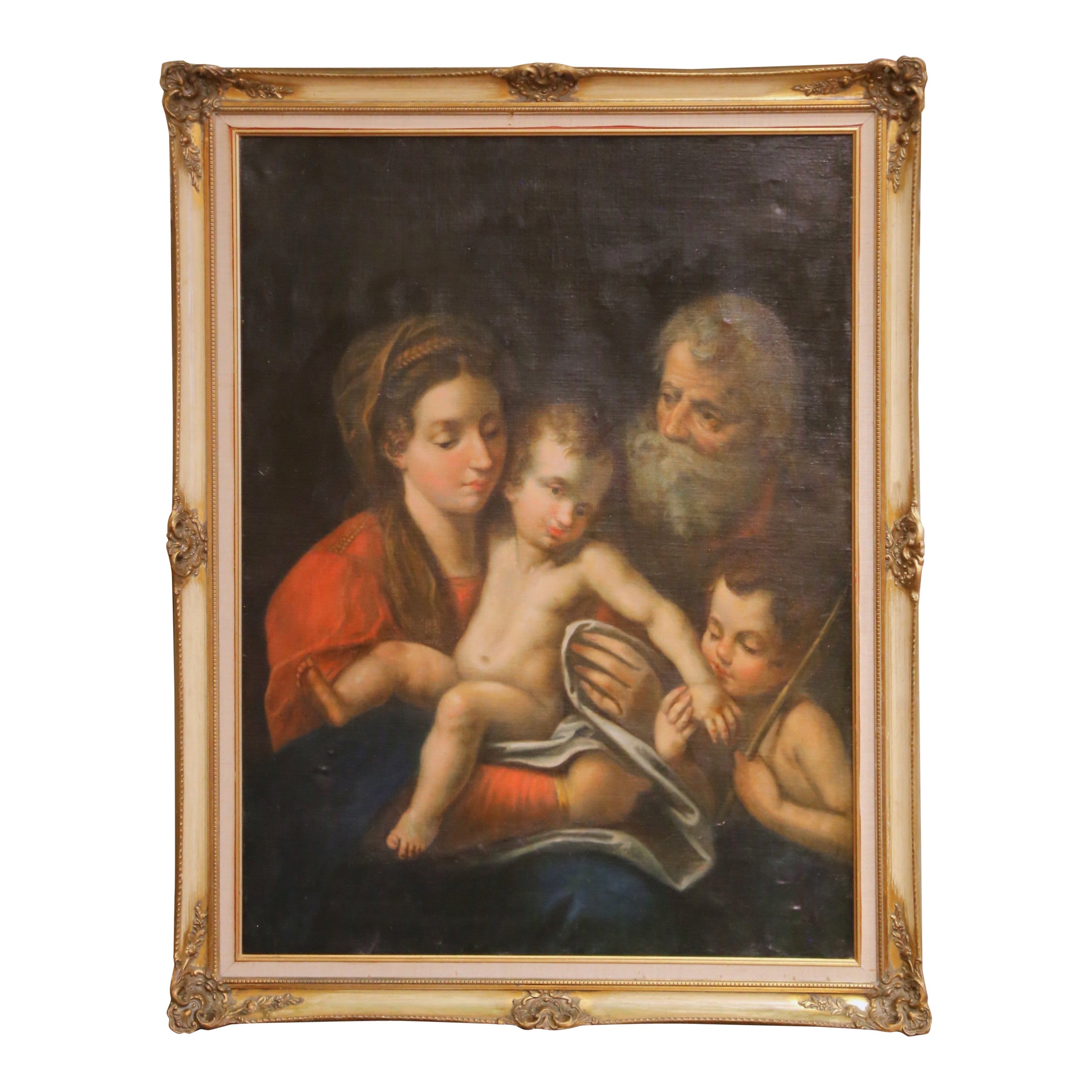 19. Jh. Italienisches Ölgemälde der Heiligen Familie mit Saint John in Giltwood Frame