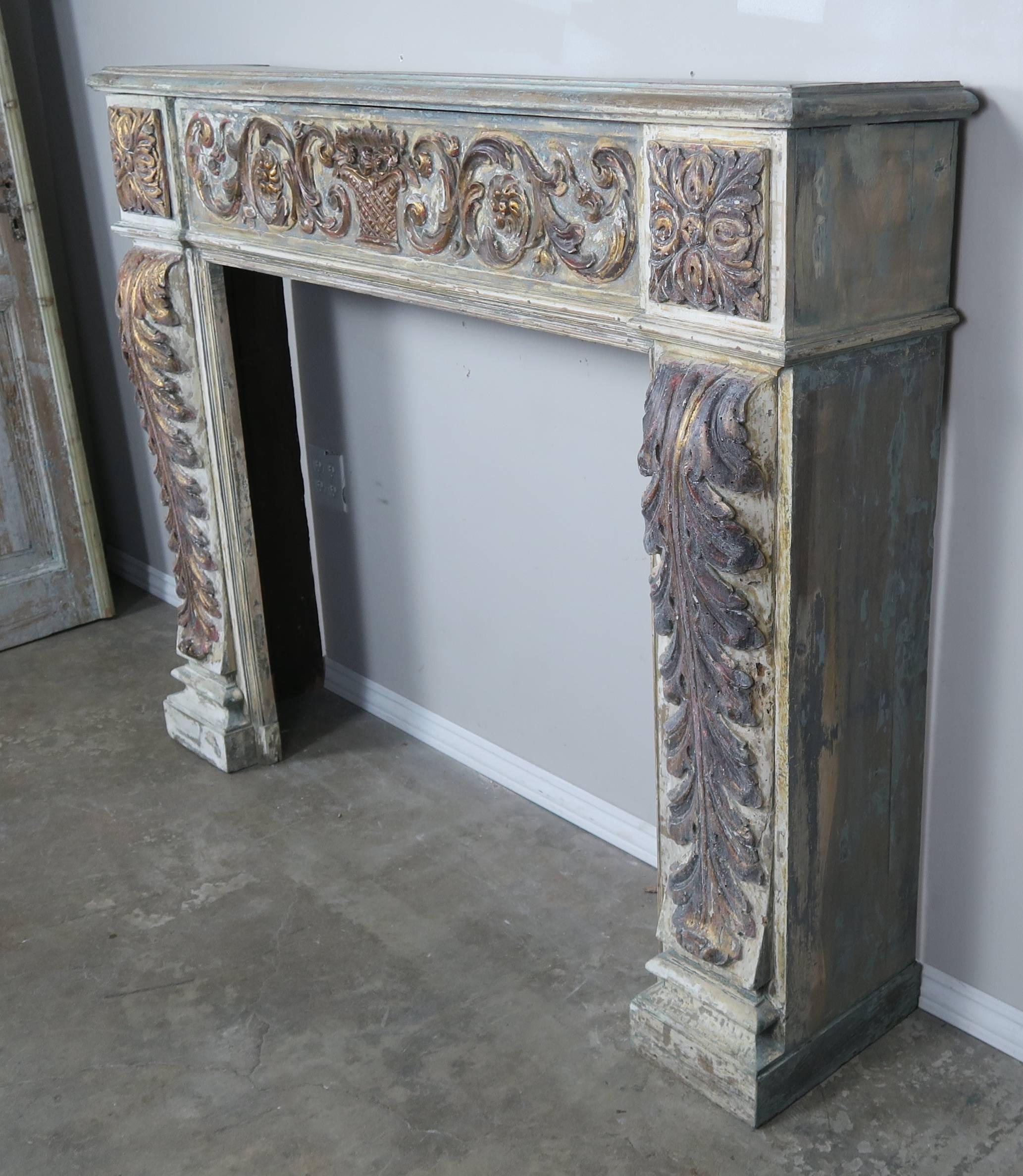 Neoclassical 19th Century Italian Painted and Parcel-Gilt Fireplace Mantel