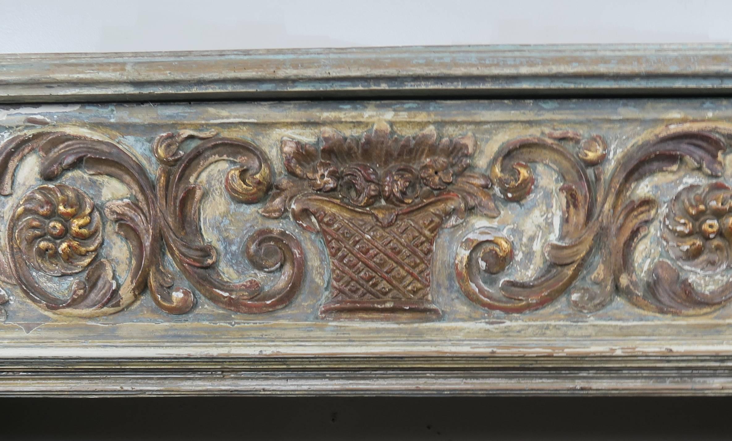 Hand-Carved 19th Century Italian Painted and Parcel-Gilt Fireplace Mantel