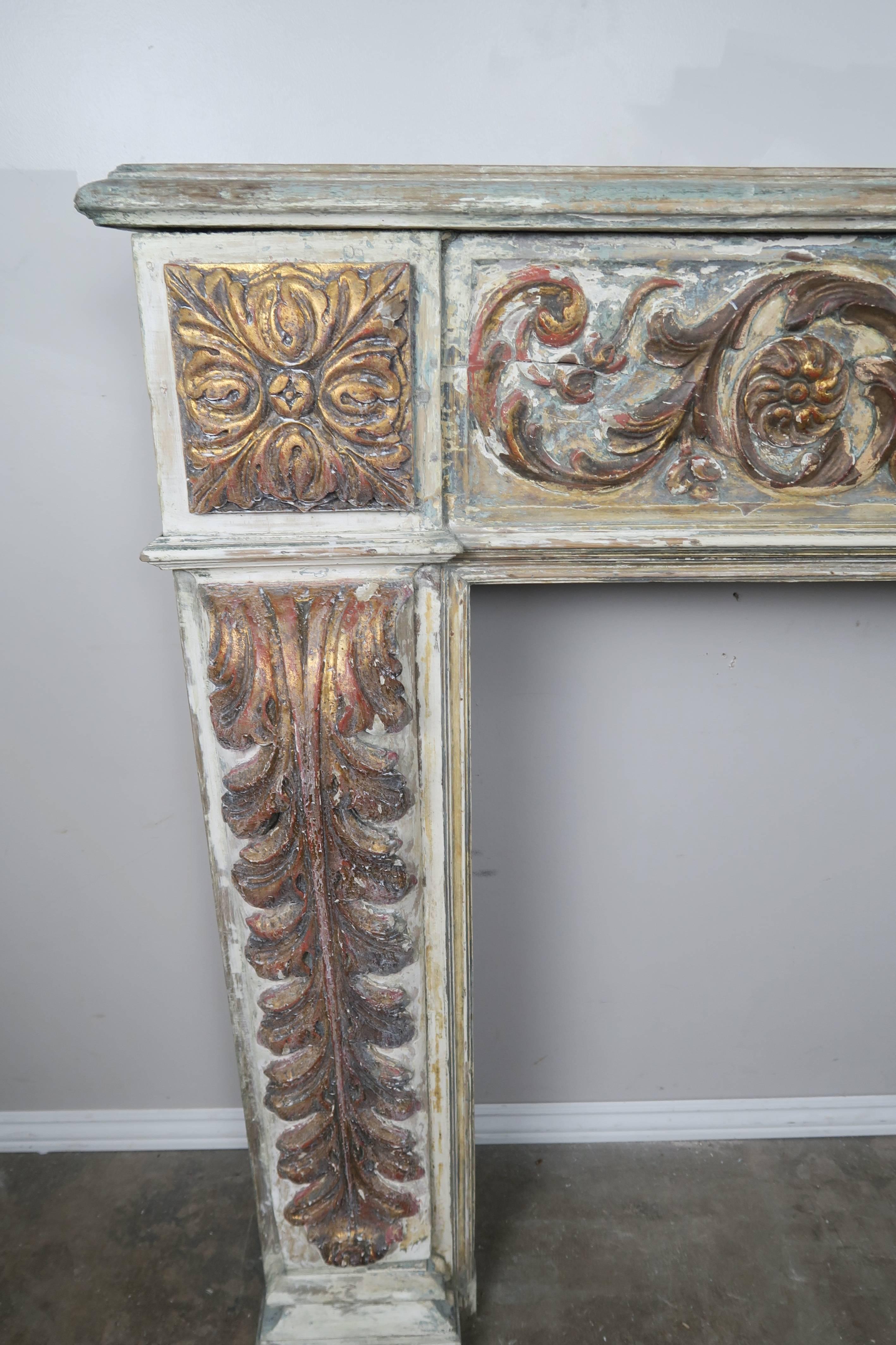 19th Century Italian Painted and Parcel-Gilt Fireplace Mantel In Distressed Condition In Los Angeles, CA